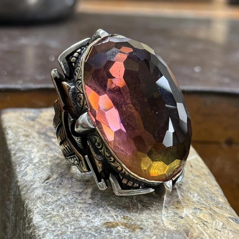Men 925 Silver Large Zultanite Ottoman Style Large Ring