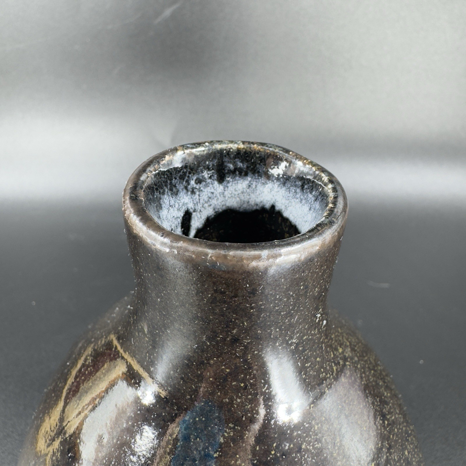 1980s Vintage Stoneware Pottery Vase Bottle Artist Signed Deep Brown Black Glaze