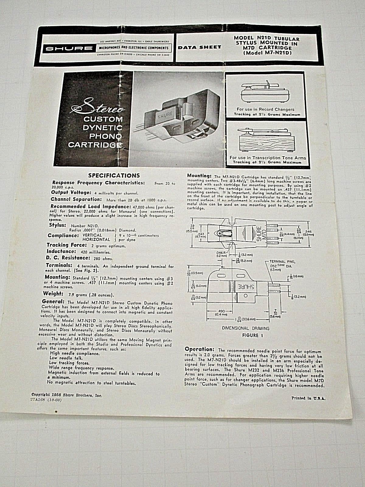 Shure Stylus Dynetic Phono Cartridge Data Sheet & Instructions 1958