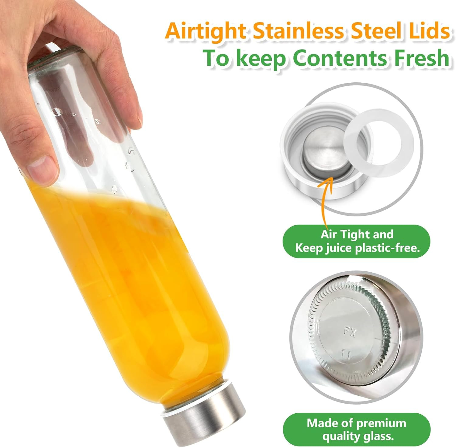 Zukro Glass Water Bottles with Lids 18 Oz, 6 Pack Reusable Juice Bottles with St