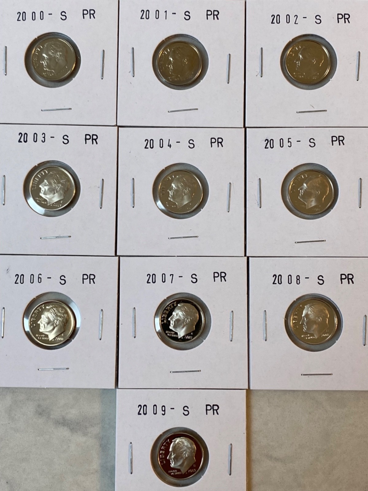 2000 to 2009 S  Proof  Roosevelt Dimes 10 Coin Set