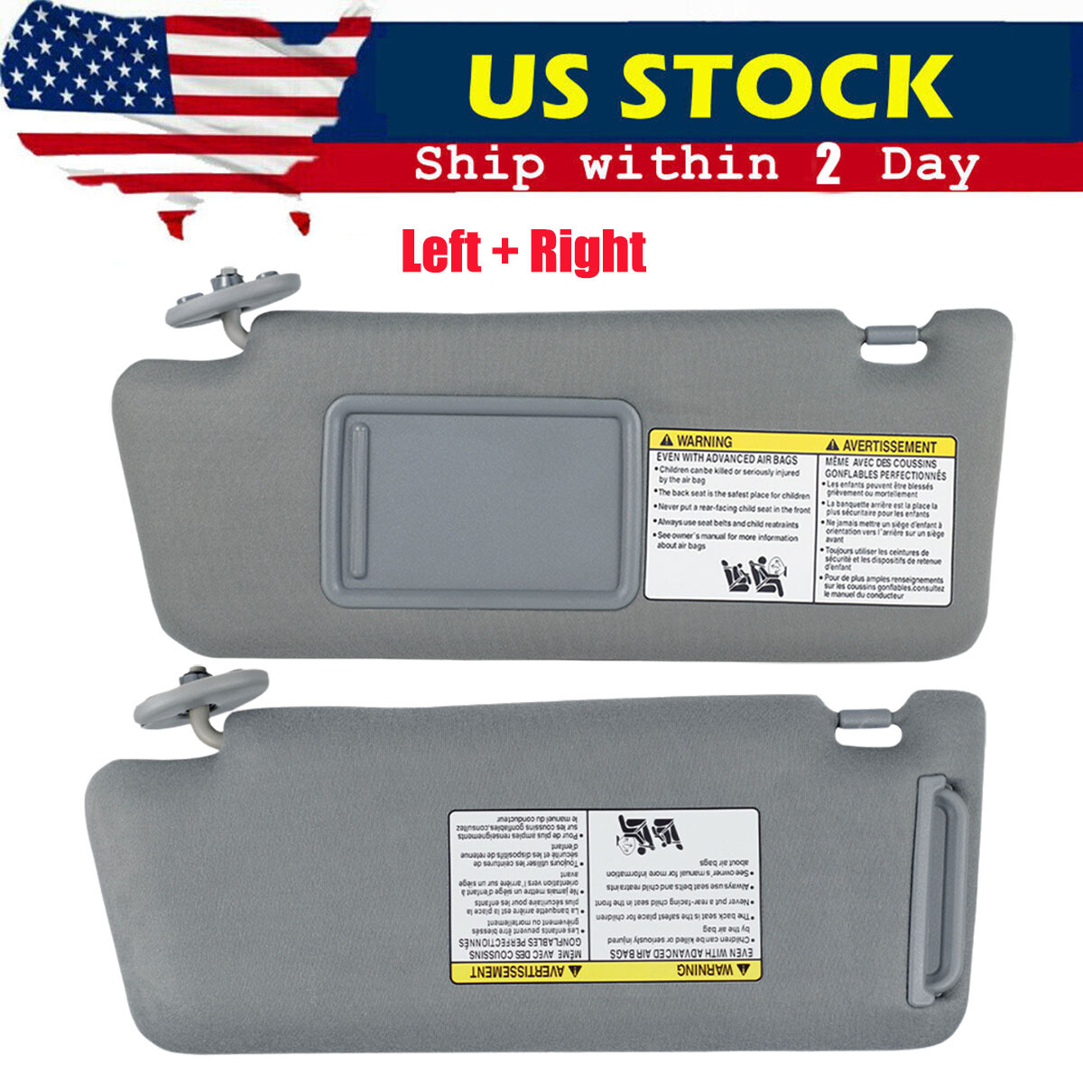 Left Driver and Right Passenger PAIR Gray Sun Visor For 2005-2015 Toyota Tacoma