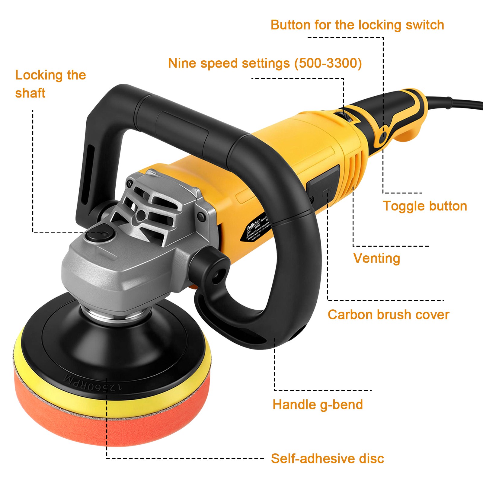 2000W Car Polisher Polishing Machine Kit Buffer Sander Variable 7 Speed w/Pad
