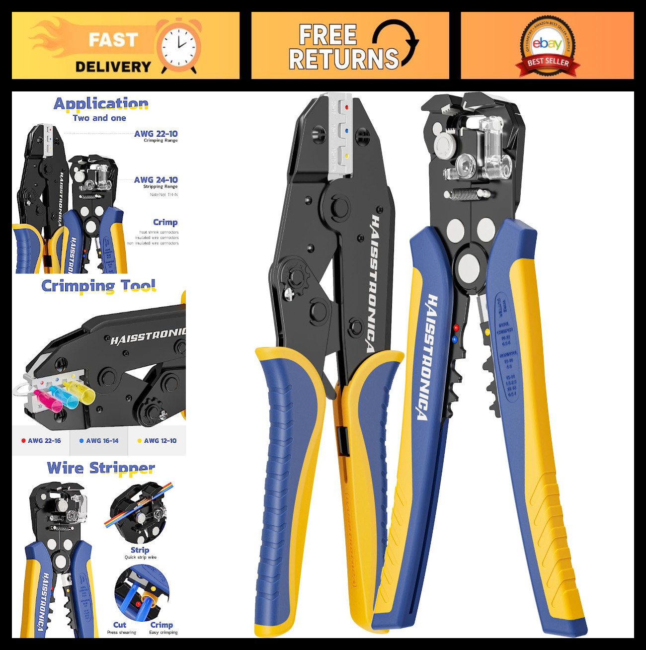 Automatic Wire Stripper & Crimping Tool, AWG 24-10, Ratchet Crimper for Heat Shr