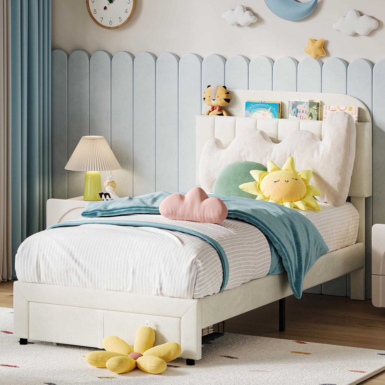 Twin Size Bed Frame w/Upholstered Platform&Drawers,No Box Spring Needed 3 Colors