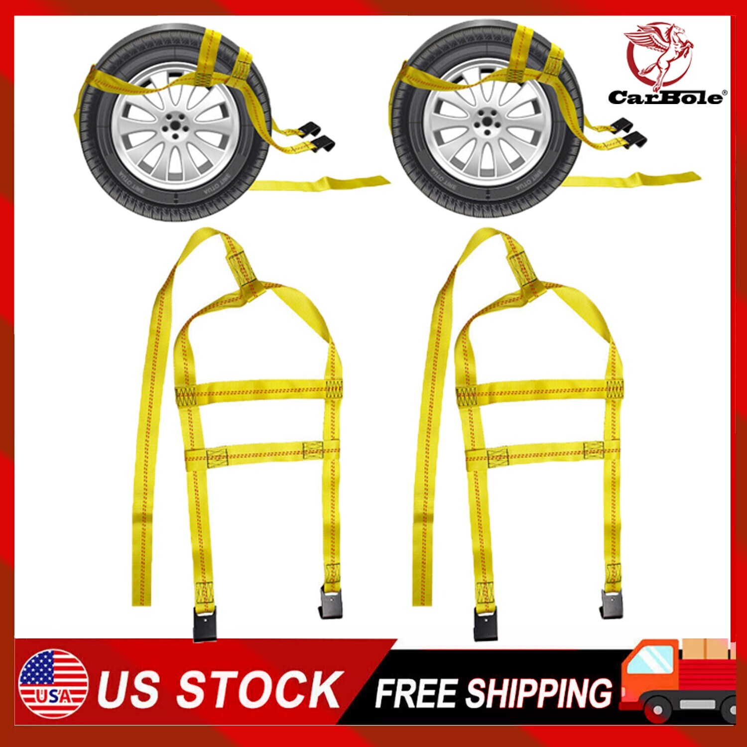Set of 2 Car Tire Tow Dolly Straps Basket Strap w/ Flat Hook Heavy Duty Yellow