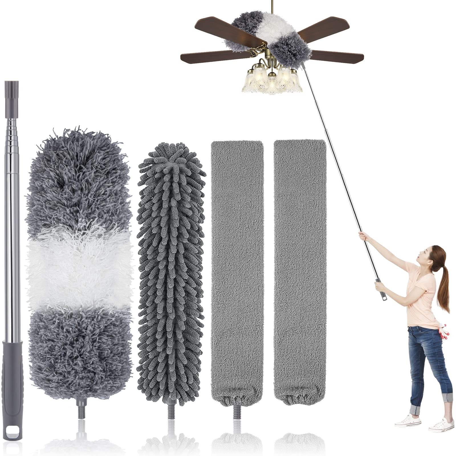 Microfiber Feather Duster Kit with Extendable Pole (30-100") - Bendable, Washabl