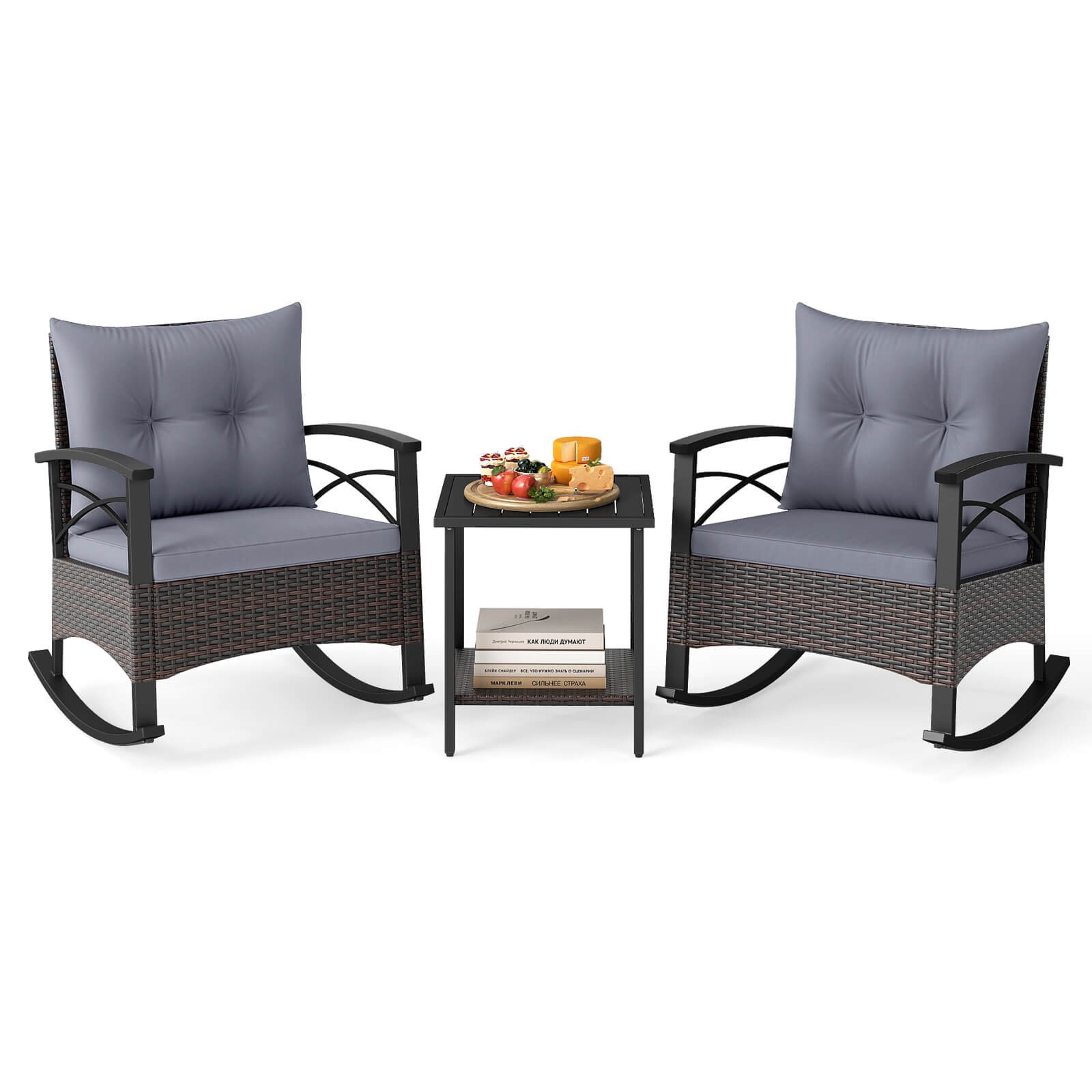 3 PCS Rattan Rocking Chair Set w/Acacia Wood Tabletop Armrests for Porch Balcony