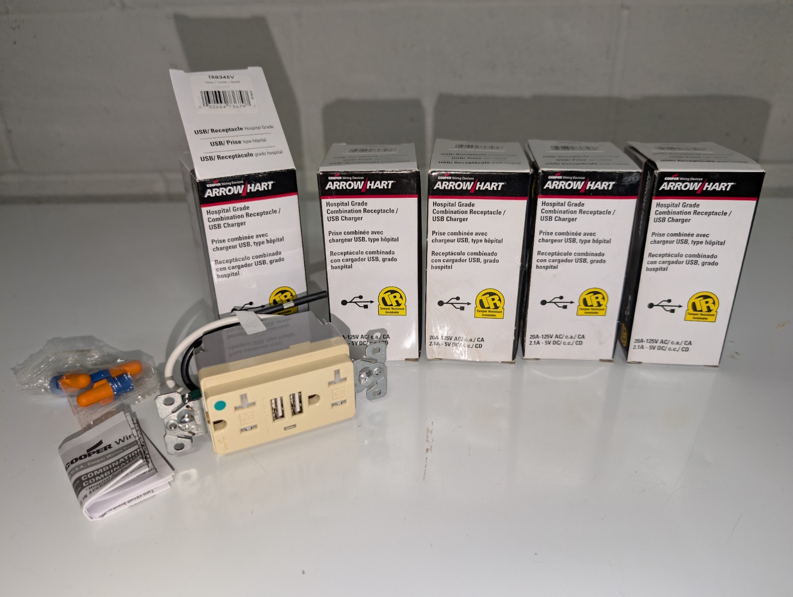 5 pack - 20 Amp Ivory Receptacle Outlet w/ 2 Port USB - Hospital Grade