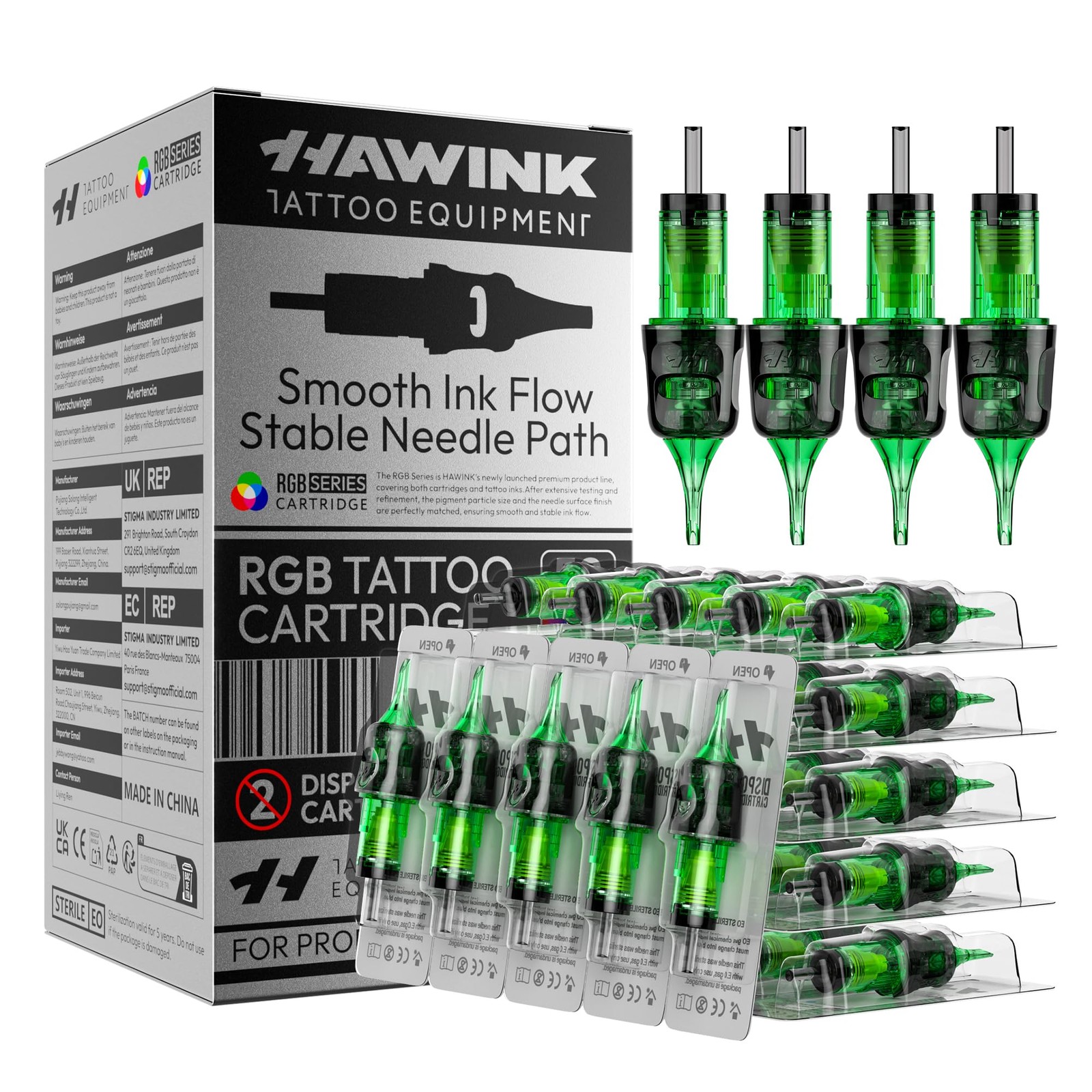 HAWINK RGB 50PCS Tattoo Needles 10#(3RL 5RL 7RL 9RL 11RL)*10PCS, Green
