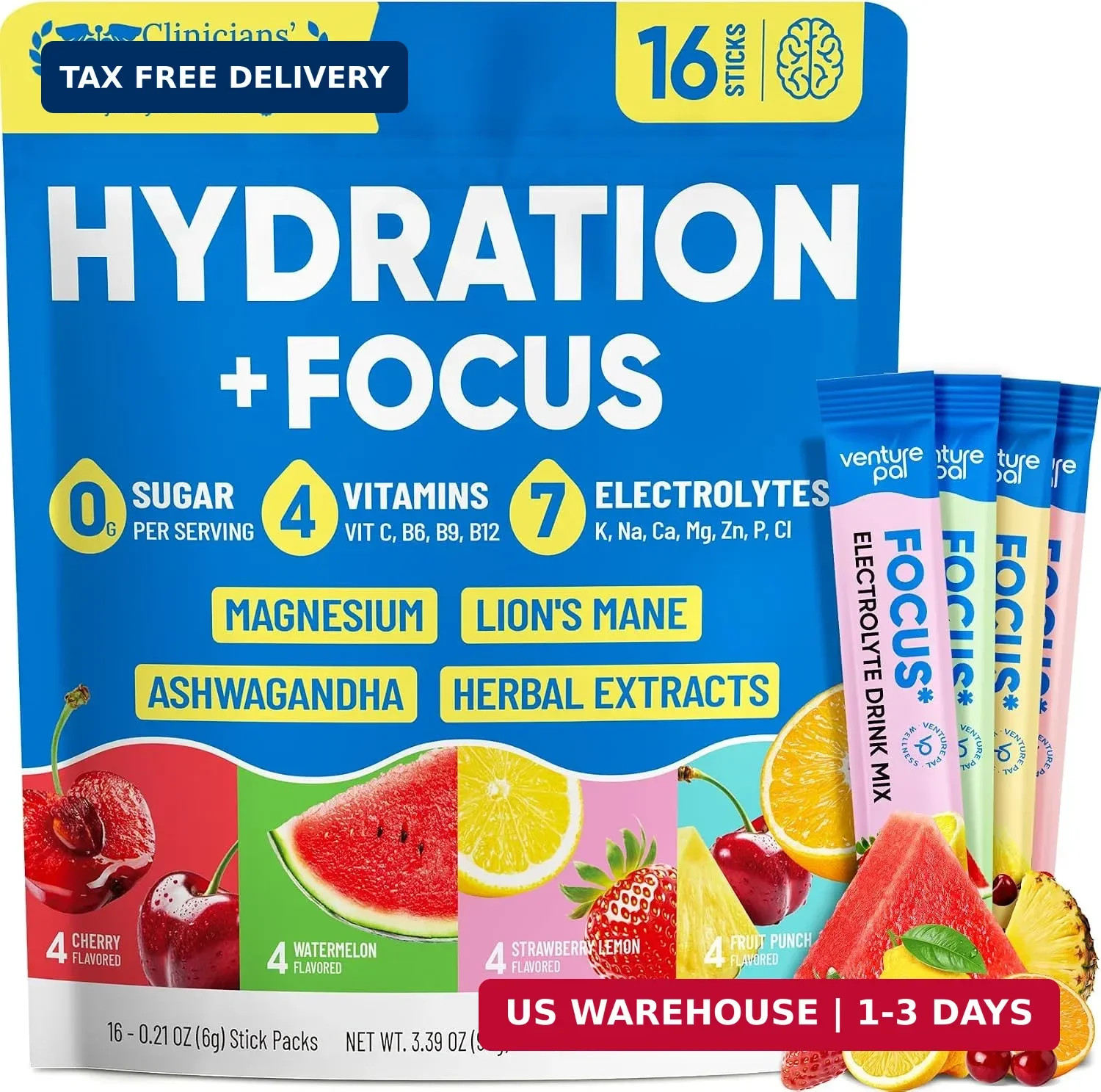 Venture Pal 2-in-1 Hydration Packets + Focus Support Electrolytes Powder, 7 Elec