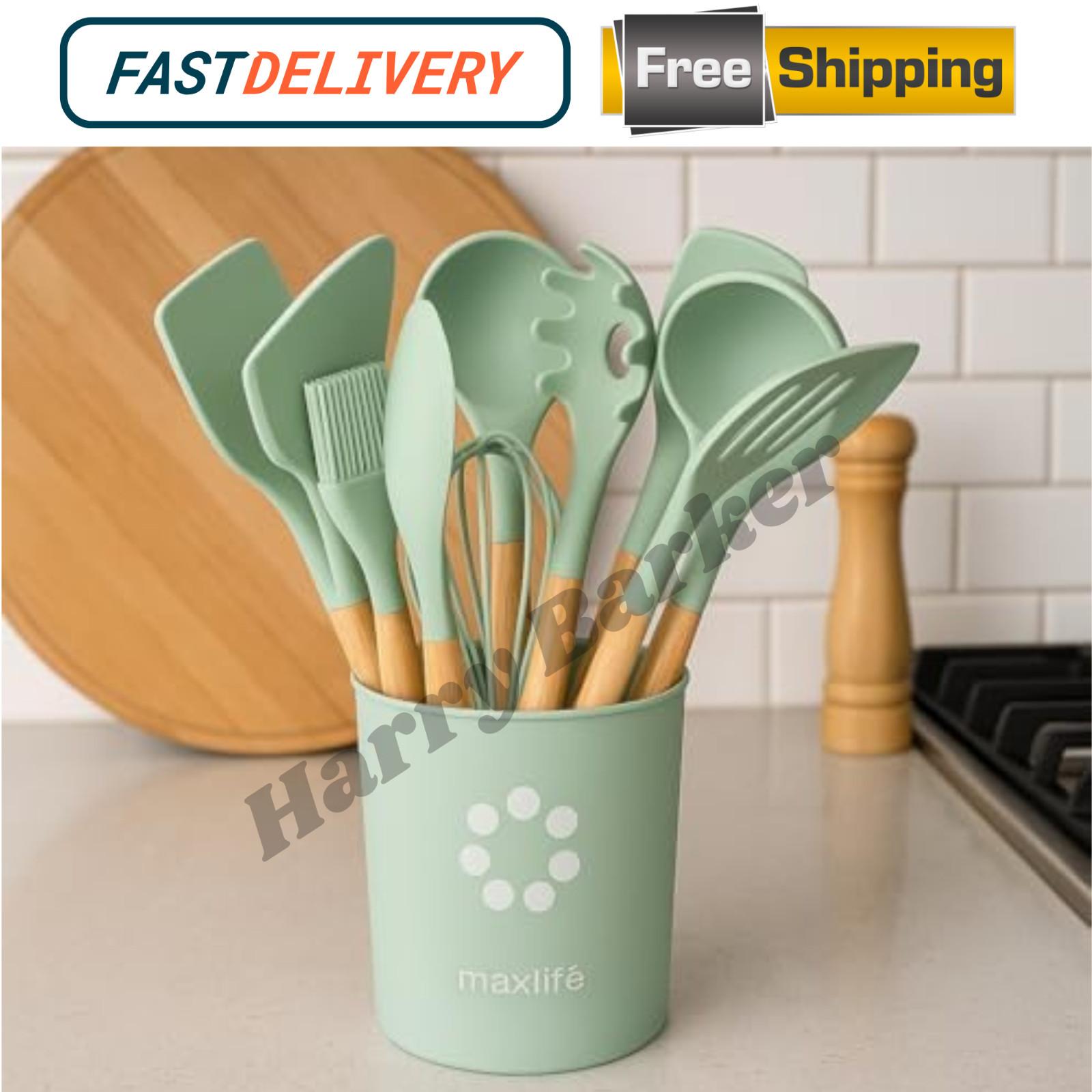 12 PCS Silicone Kitchenware Utensil Set with Wooden Handle & Holder Green