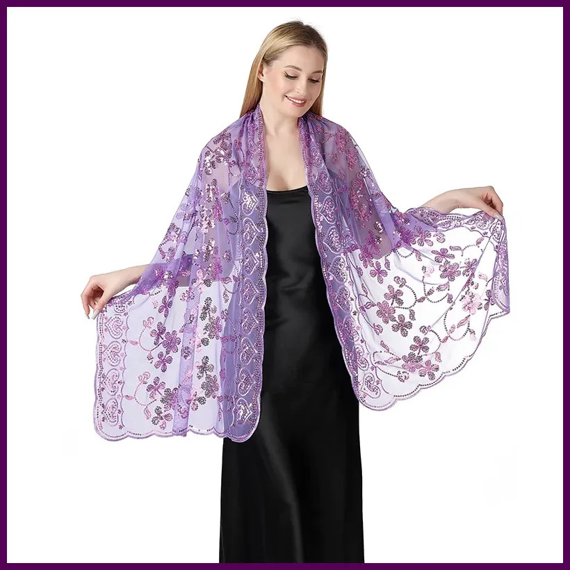 Elegant Women Floral Embroidery Sequined Shawl Wrap Shoulder Scarf Party Wedding