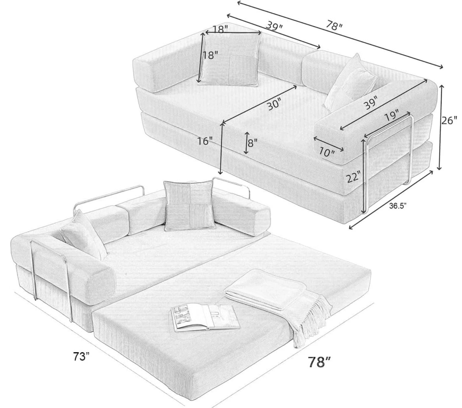 Sofá Cama Convertible Convertible Sleeper Sofa Bed Folding Futon Pull Out Beige