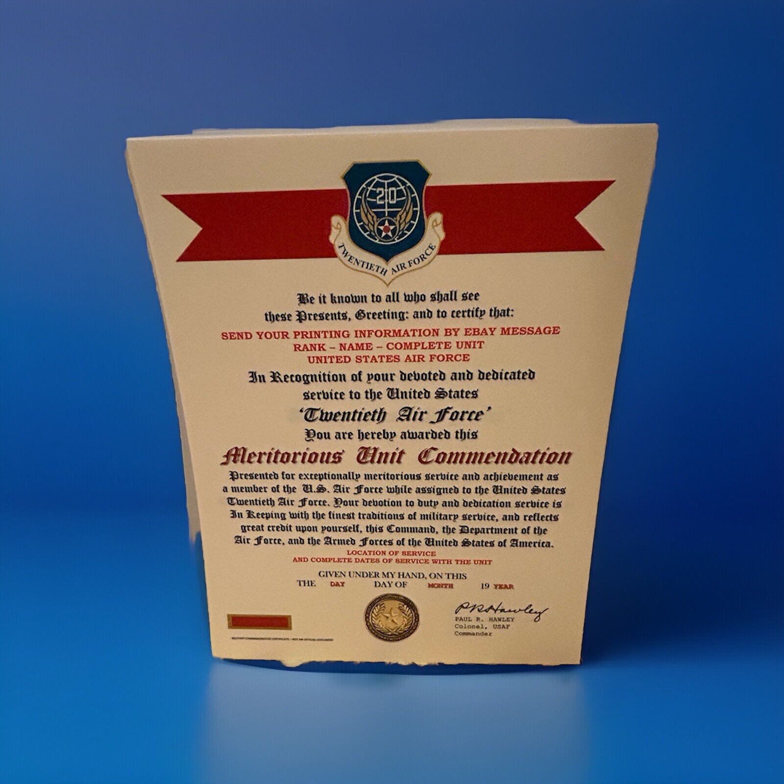 U.S. AIR FORCE / 20TH AIR FORCE - MERITORIOUS UNIT COMMENDATION CERTIFICATE