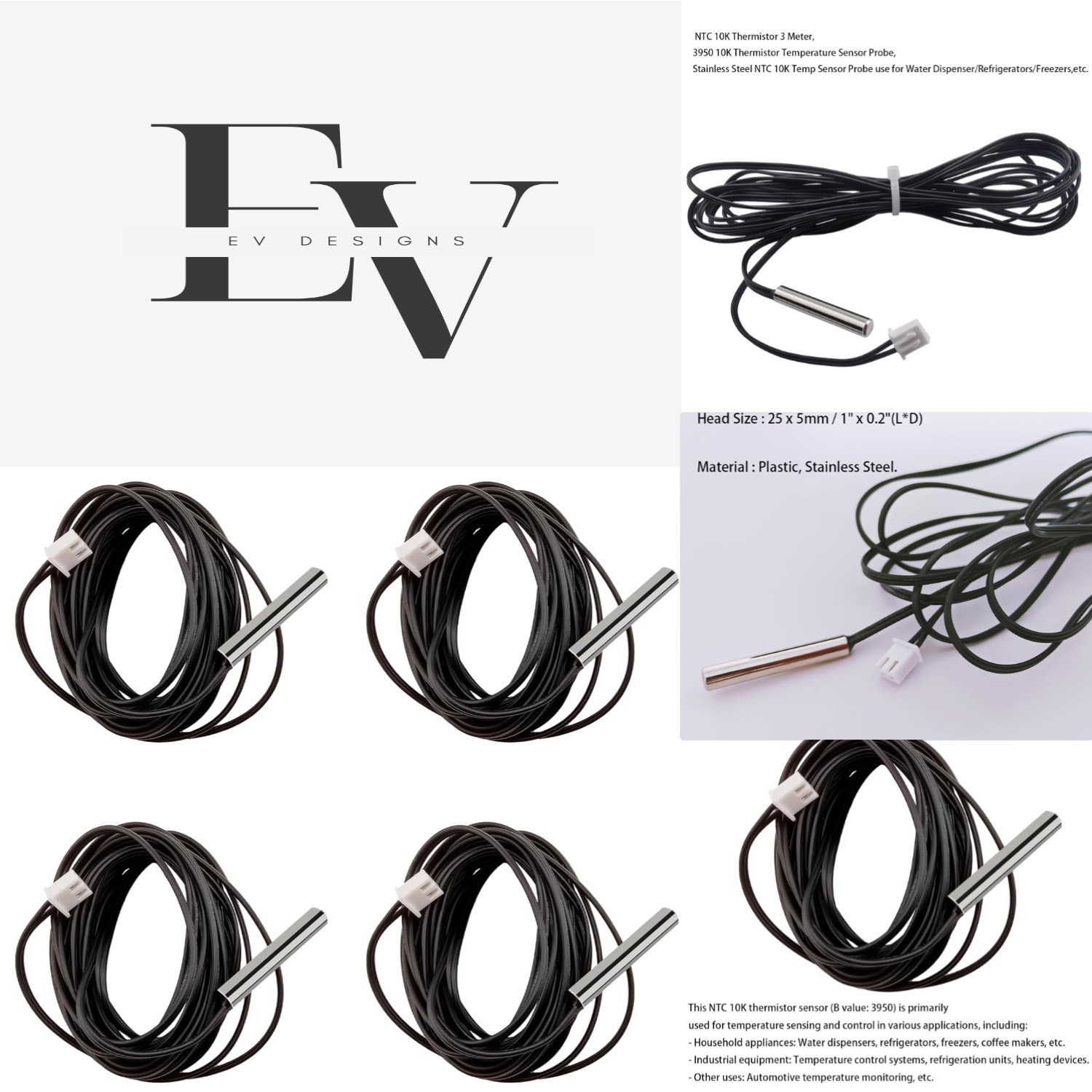 3M Stainless Steel 10K NTC Thermistor Probes - Waterproof, Easy Install (4pcs)