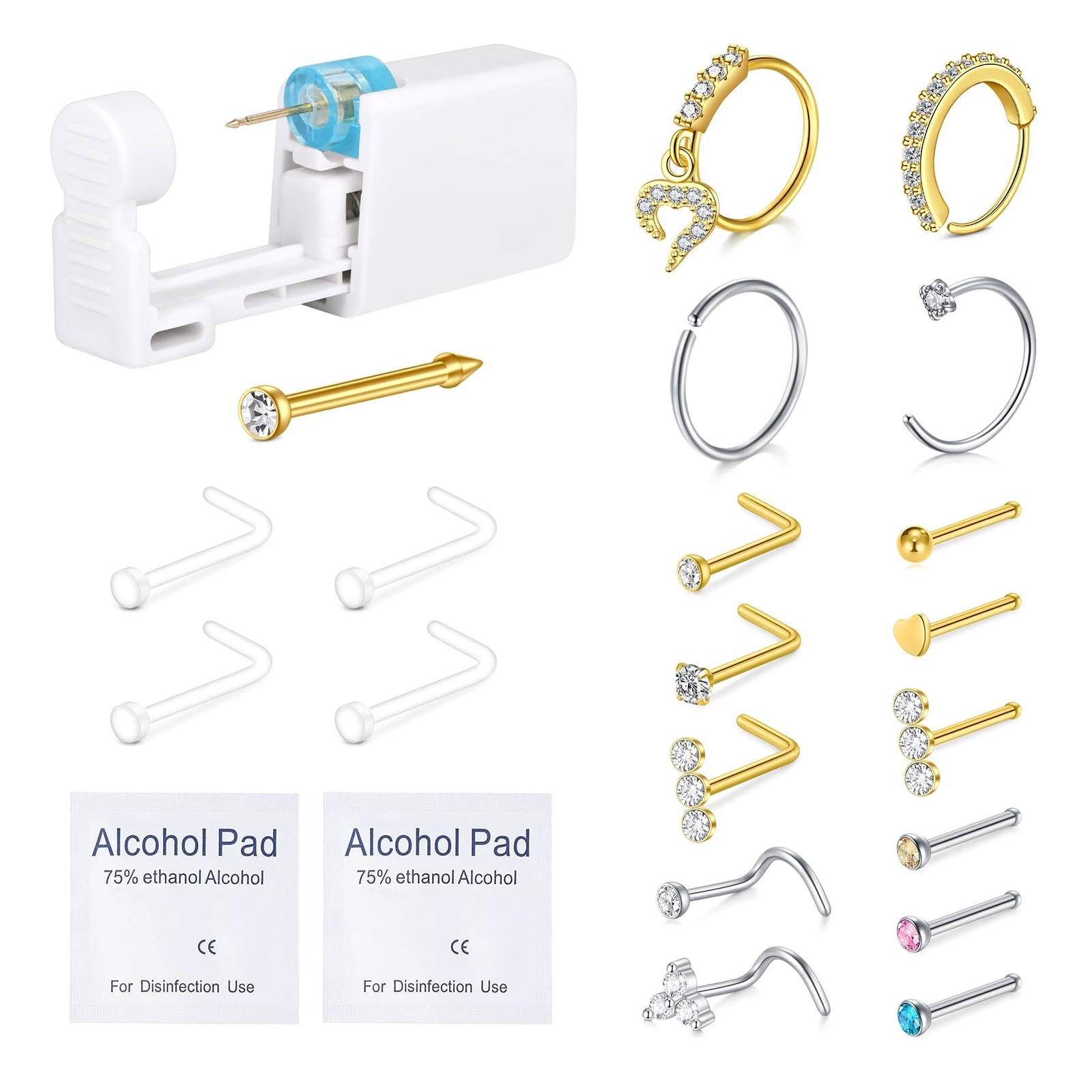 QWALIT Nose Piercing Kit - Self Piercing Gun Kit with Disposable Nose Rings i...