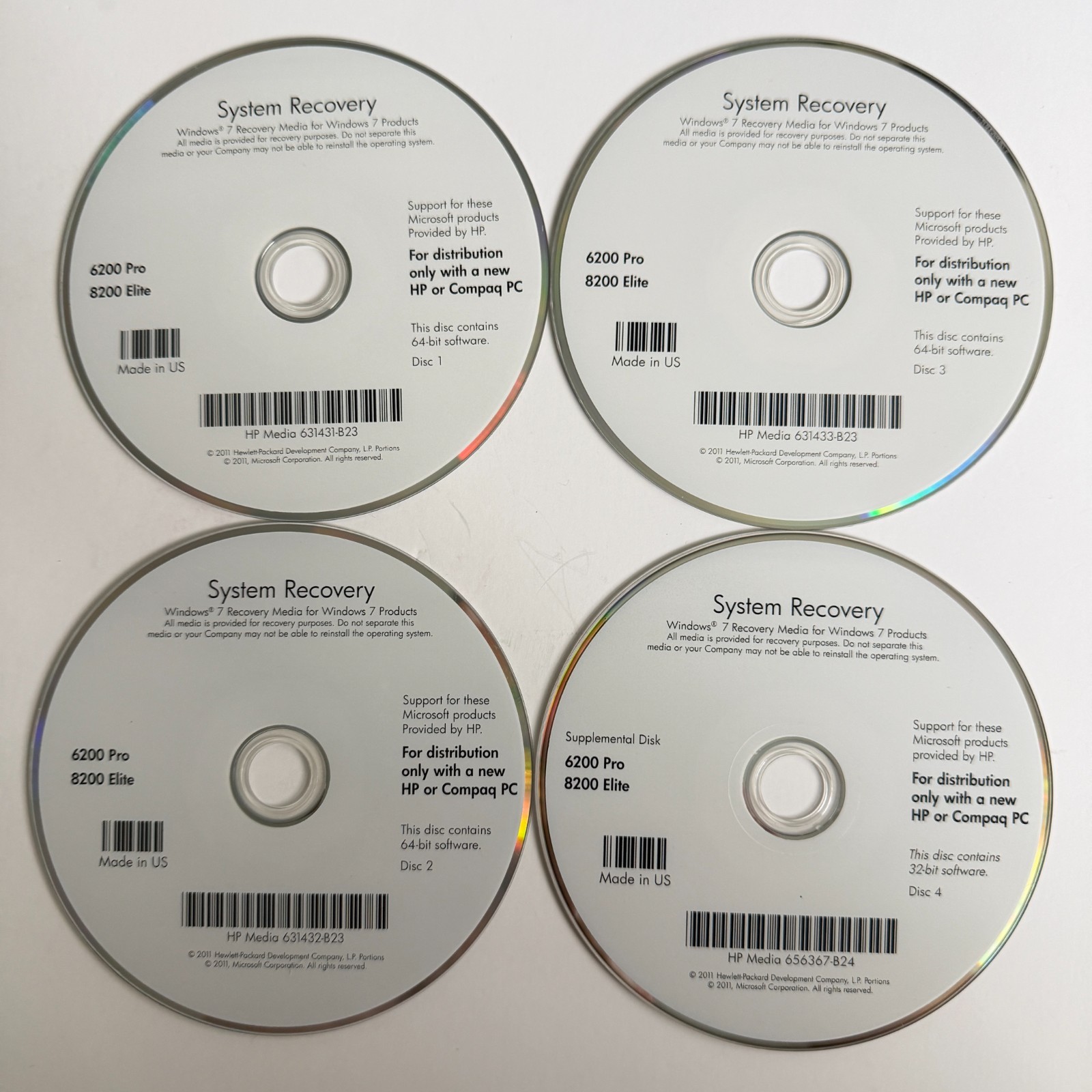 HP 6200 Pro 8200 Elite System Windows 7 64-bit Recovery (4 Disc Set) 631431-B23