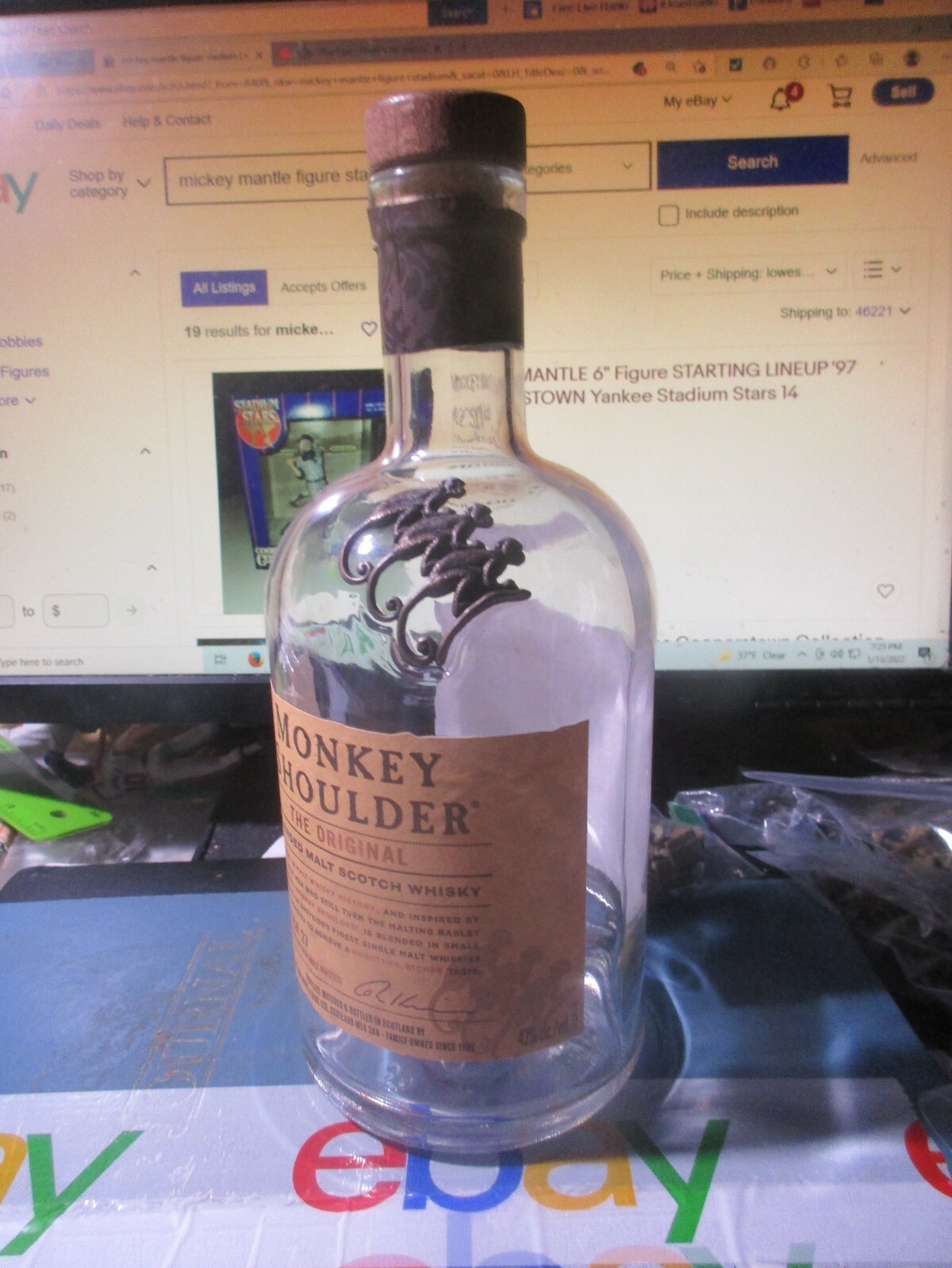 Large (9" x 4") Monkey Shoulder Bottle w/Three Metal Monkeys on Bottle