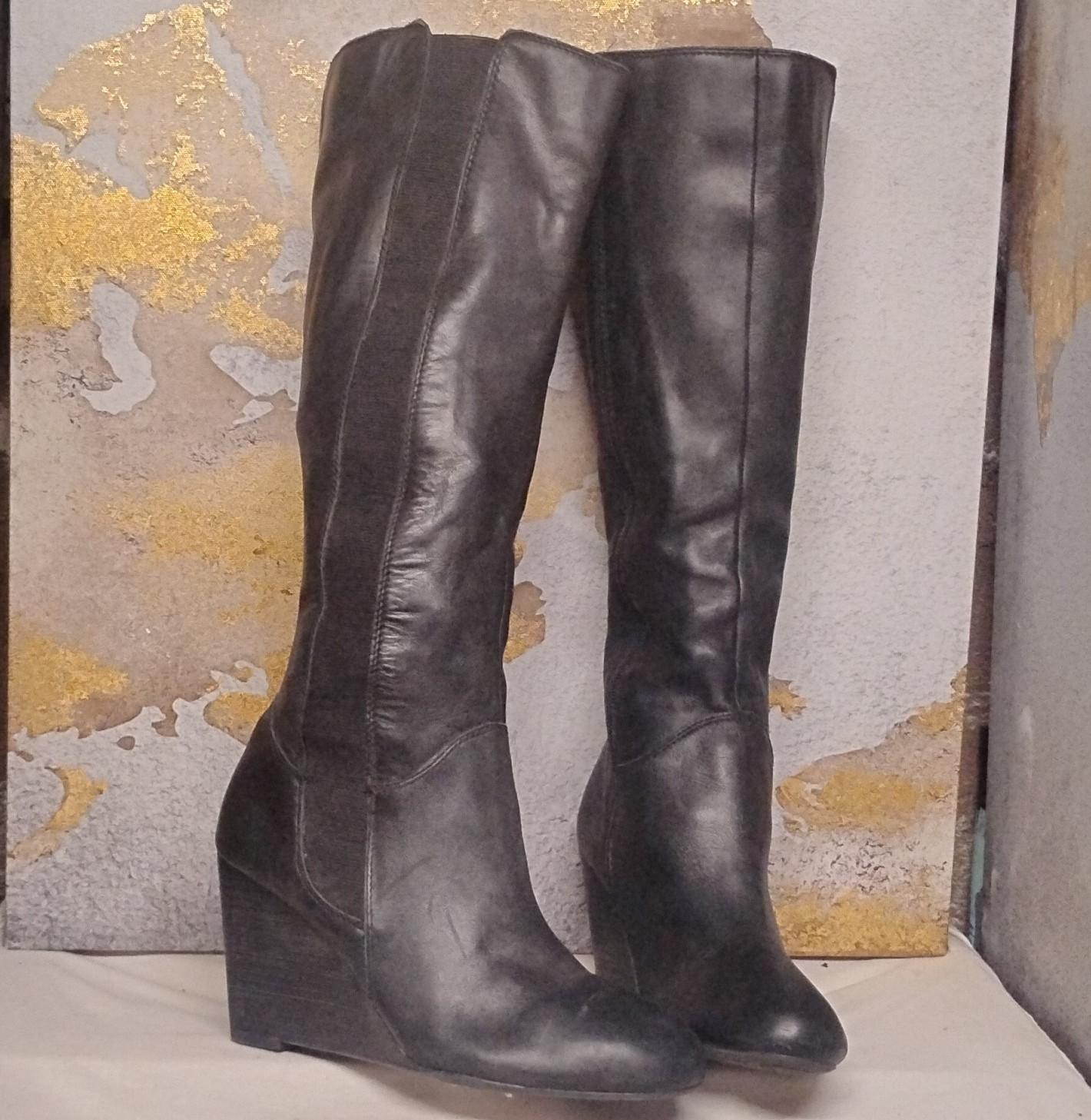 Franco Sarto Women’s Knee-High Boots Black Solid Round Toe Wedge Size 7