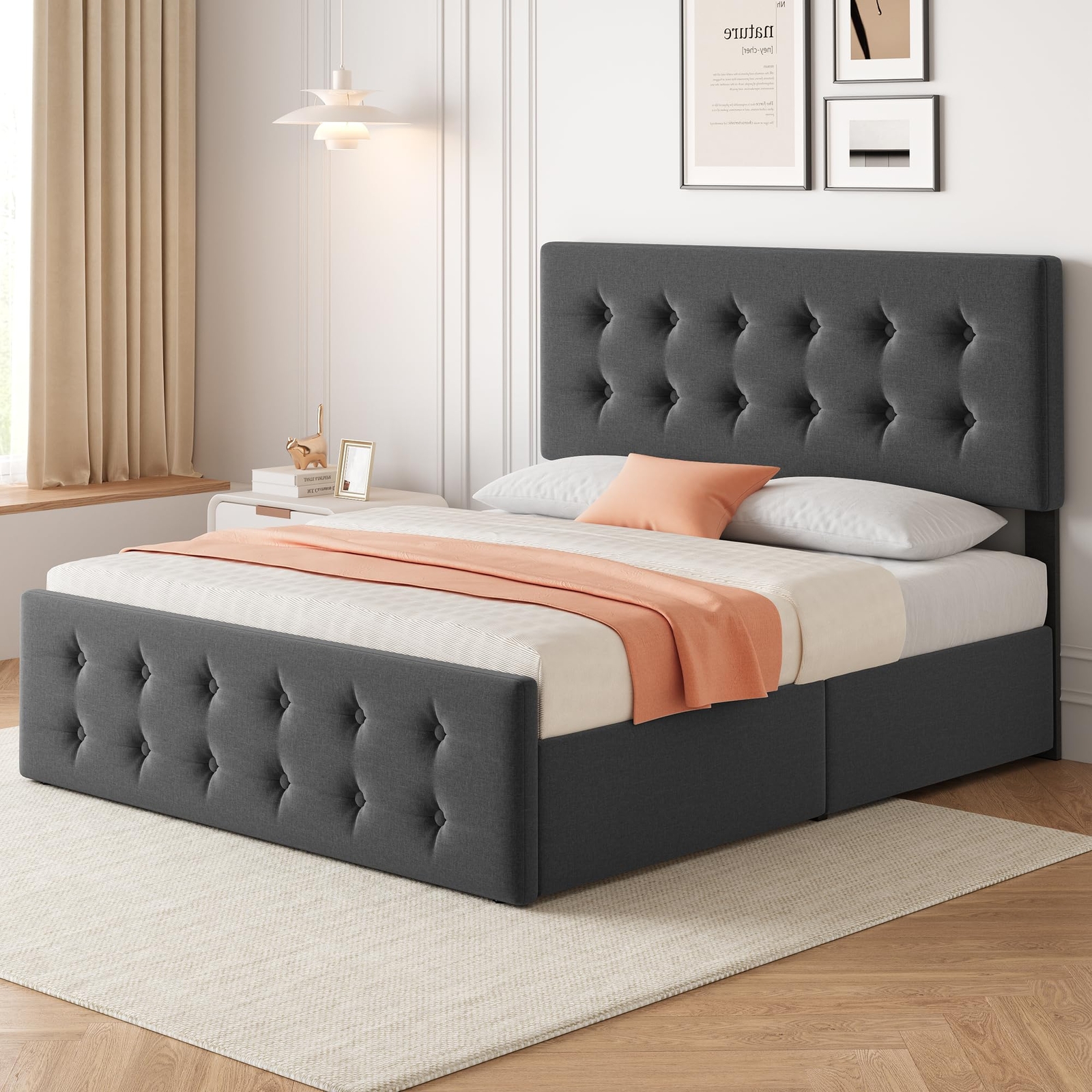 Full Size Bed Frame with Upholstered Storage Headboard with 4 Storage Drawers