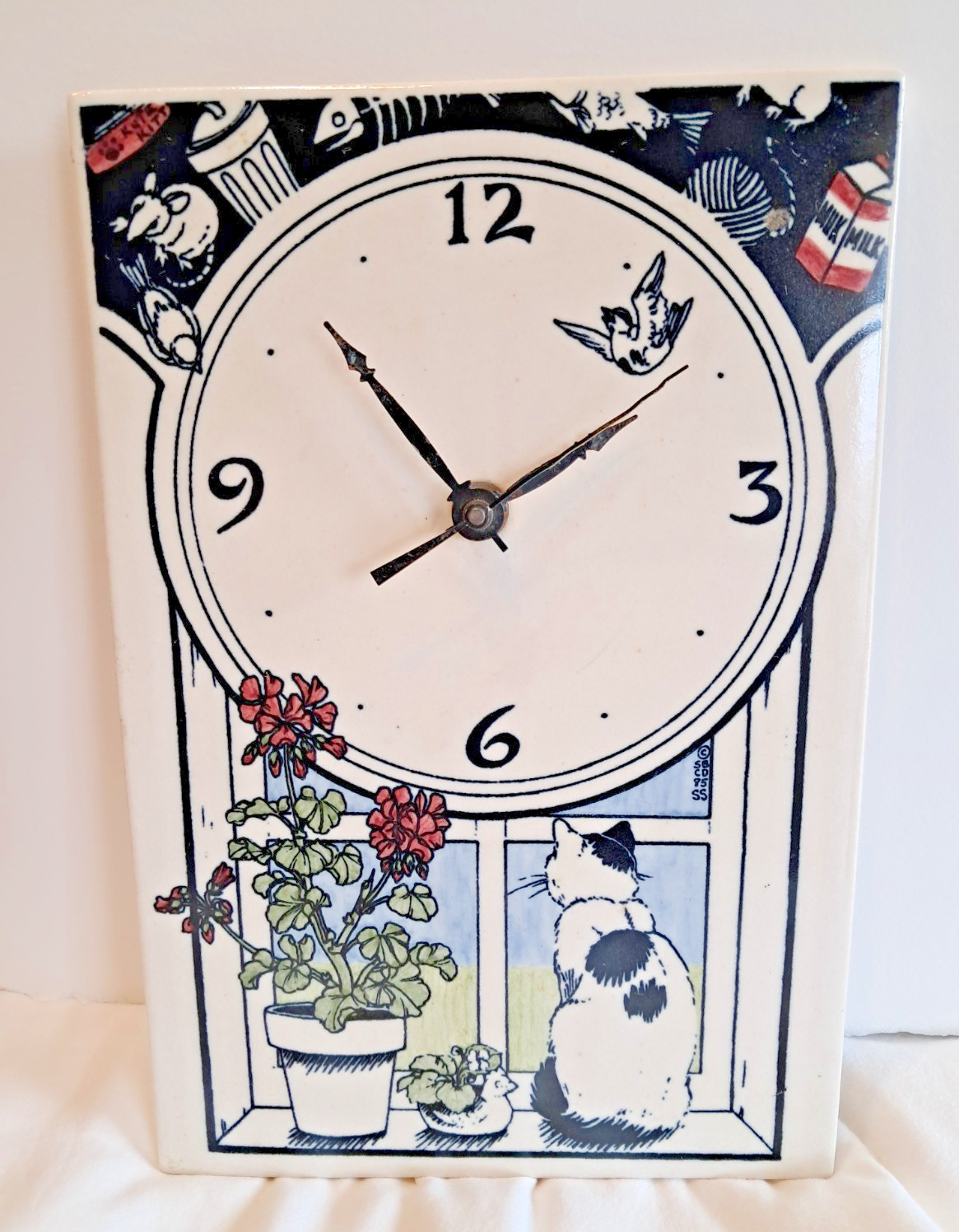 Vtg Santa Barbara Ceramic Design Cat Wall Clock Windowsill Pottery 11" x 7.5"