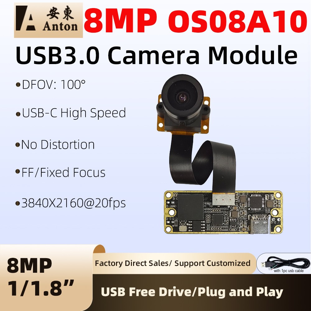 OS08A10 8MP 4K USB3.0 Camera Module 3840x2160@20fps 100° FOV 0.2Lux Security Cam