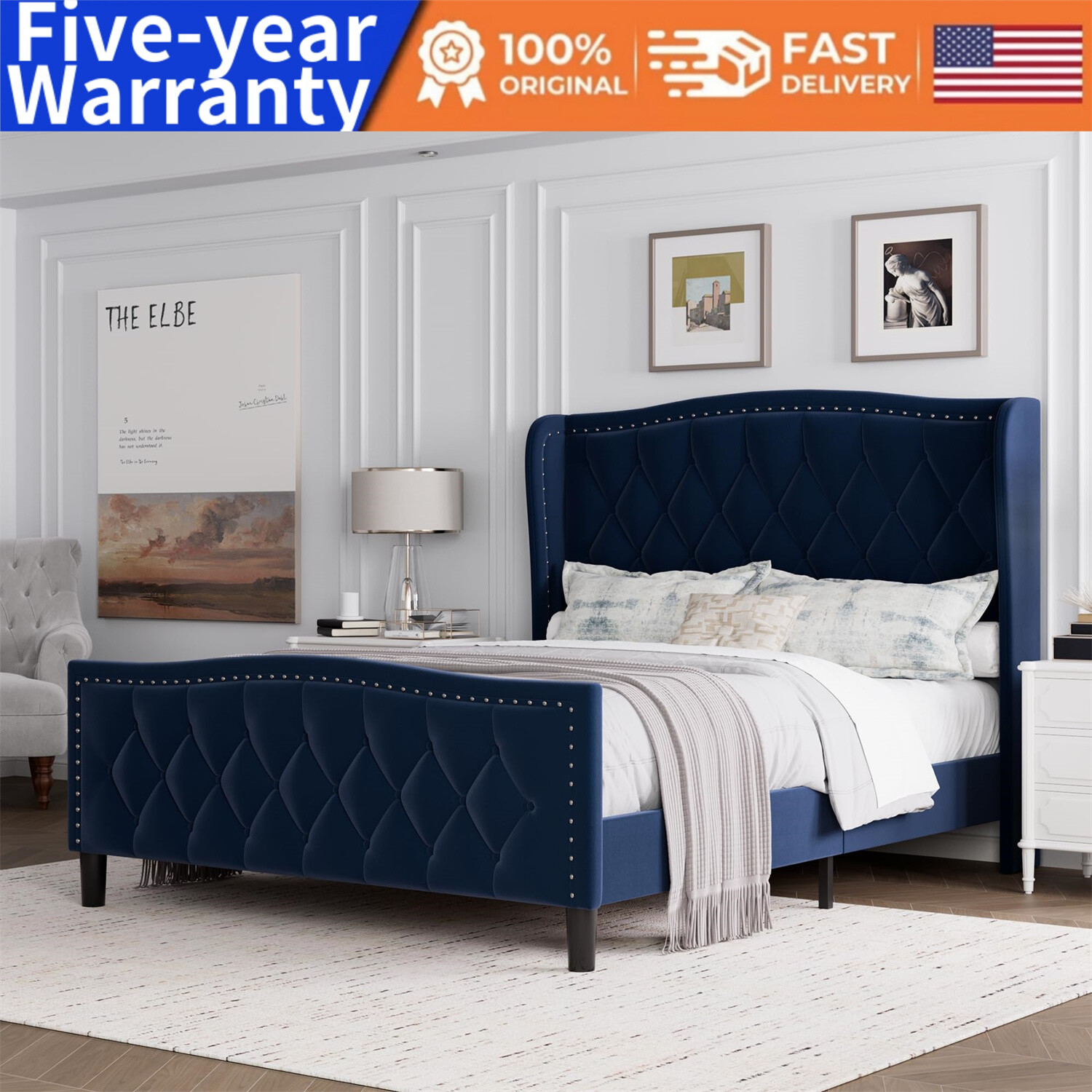 🆕Bed Frame Full/Queen Platform Bed with Wingback Headboard Velvet Upholstered