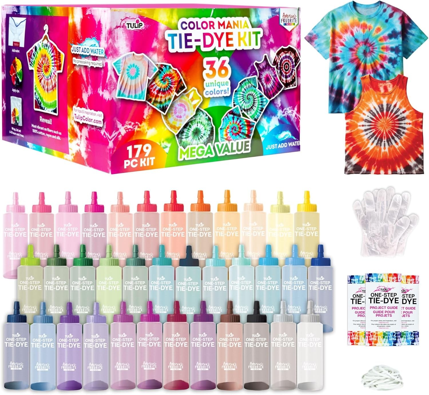 Tulip One-Step Tie-Dye Color Mania 36 Vibrant Colors, All-in-One Tie Dye Kit for