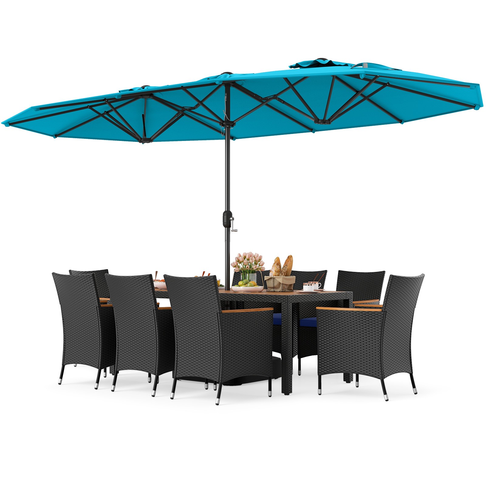 11 PCS Patio Wicker Dining Set w/Double-Sided Outdoor Umbrella 8 Stackable