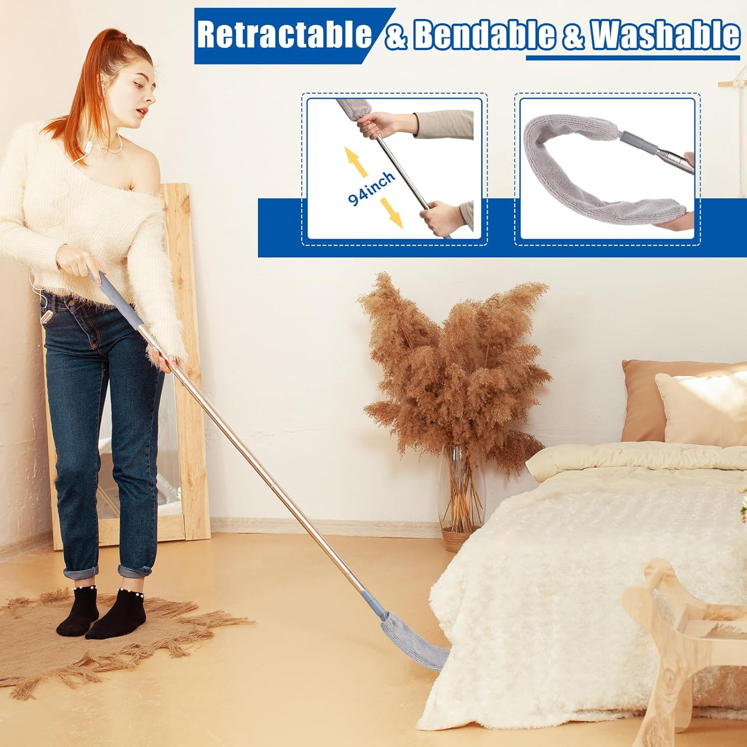 Feather Duster Set (4 Pieces), 30-100 Inch Microfiber Retractable Gap Duster for