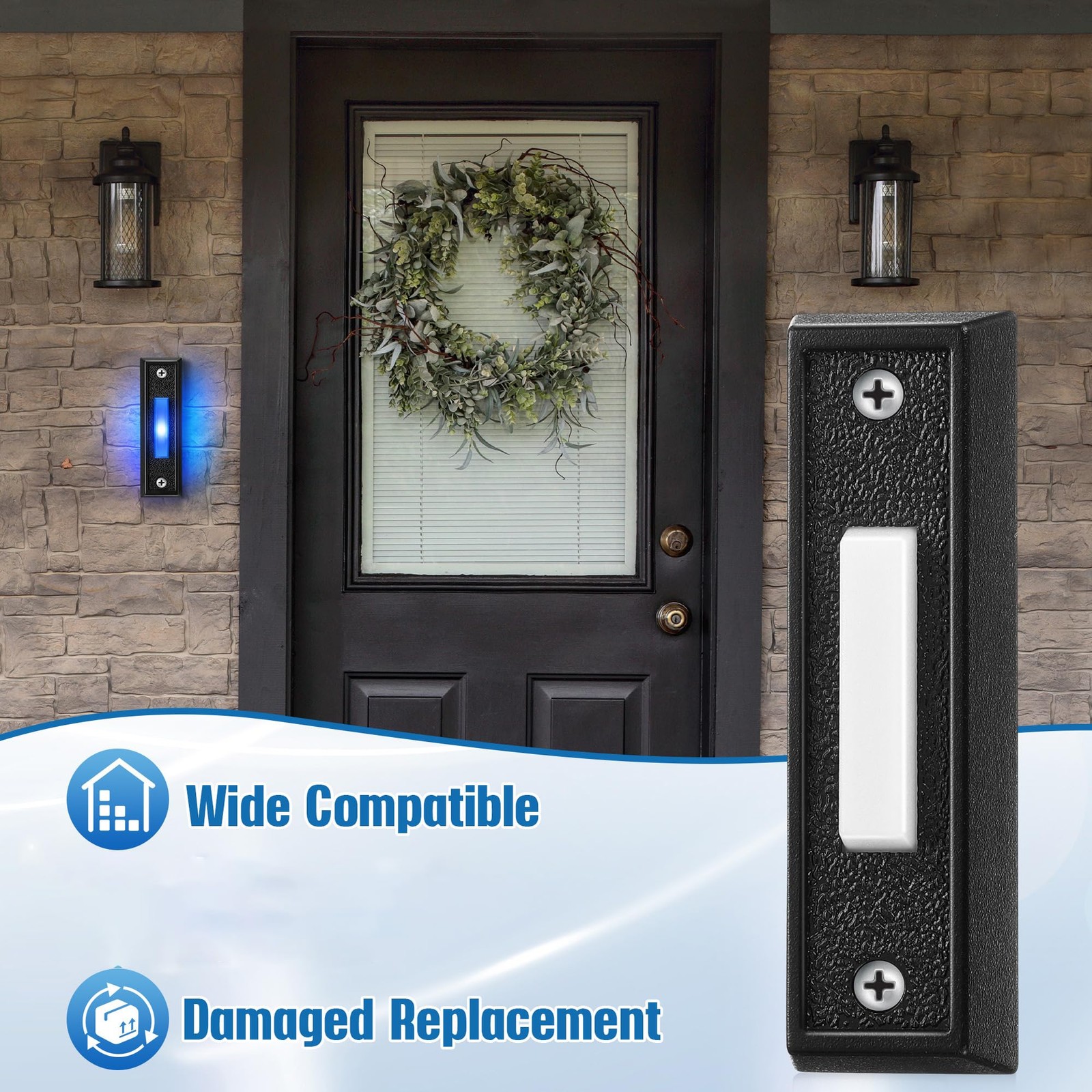 Saillong 1 Pack Wired Lighted Doorbell Button, Blue LED Switch, Black
