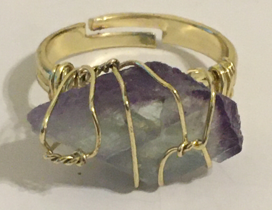 florite raw stone wire wrapped ring adjustable to size 6, 7 , 8 & 9