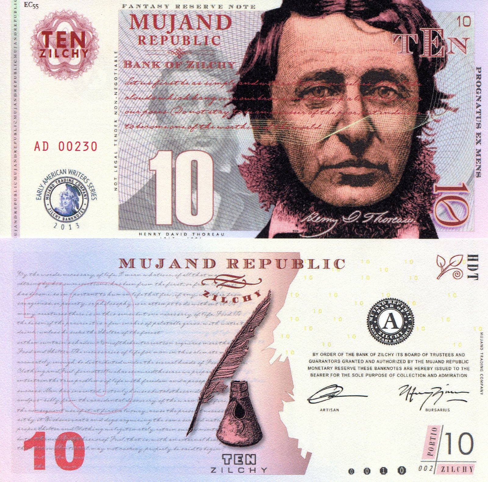 MUJAND REPUBLIC 10 ZILCHY FANTASY ART NOTE "FAMOUS WRITER SERIES" BY C. SOLAR!