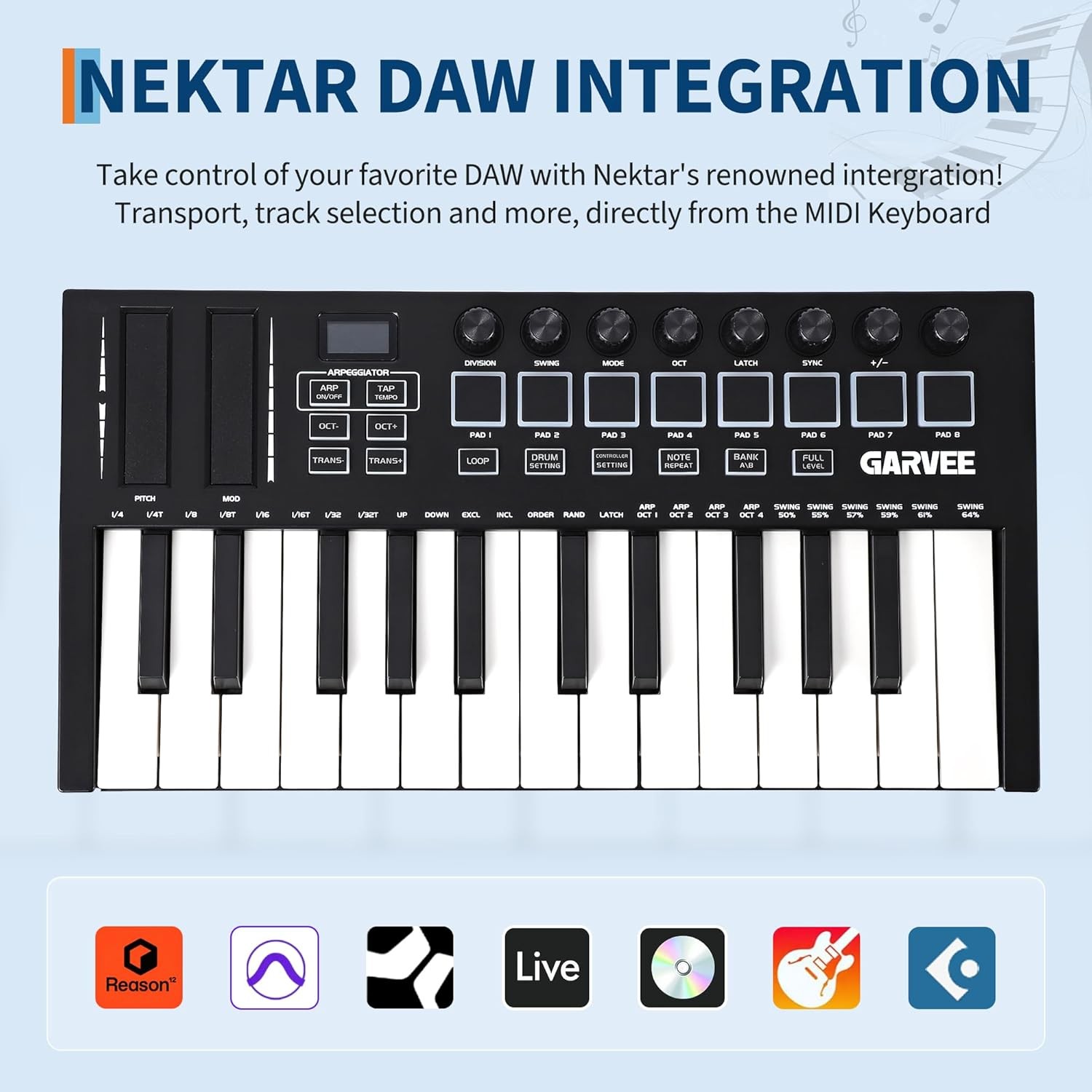 25-Key MIDI Keyboard Controller,USB/DAW Keyboard with 8 Drum Pads,8 Knobs New