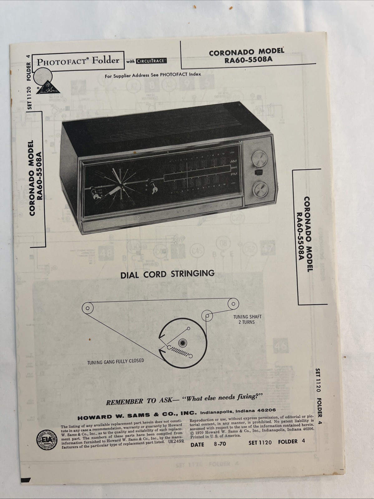Vintage Sams Photofact Schematic 8-1970 CORONADO MODEL RA60-5508A