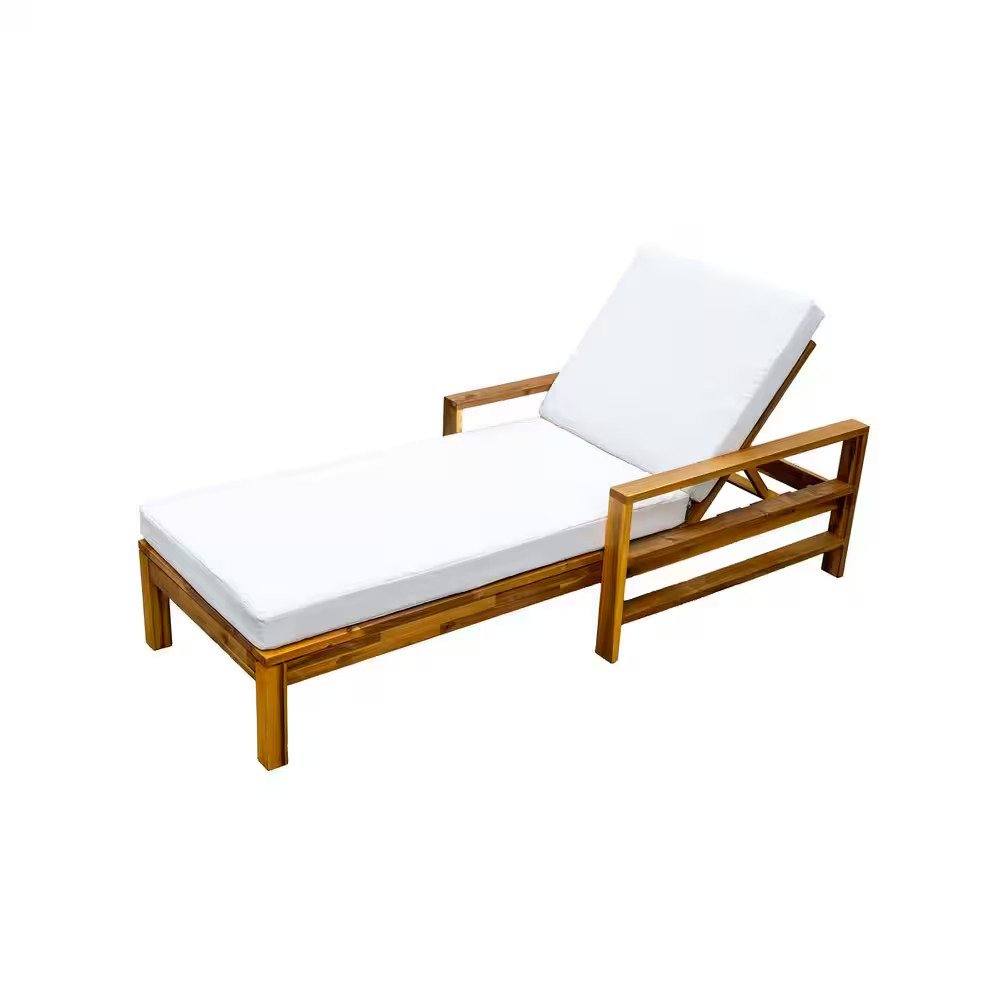 Natural Wood Outdoor Lounge Chair with Beige Cushions