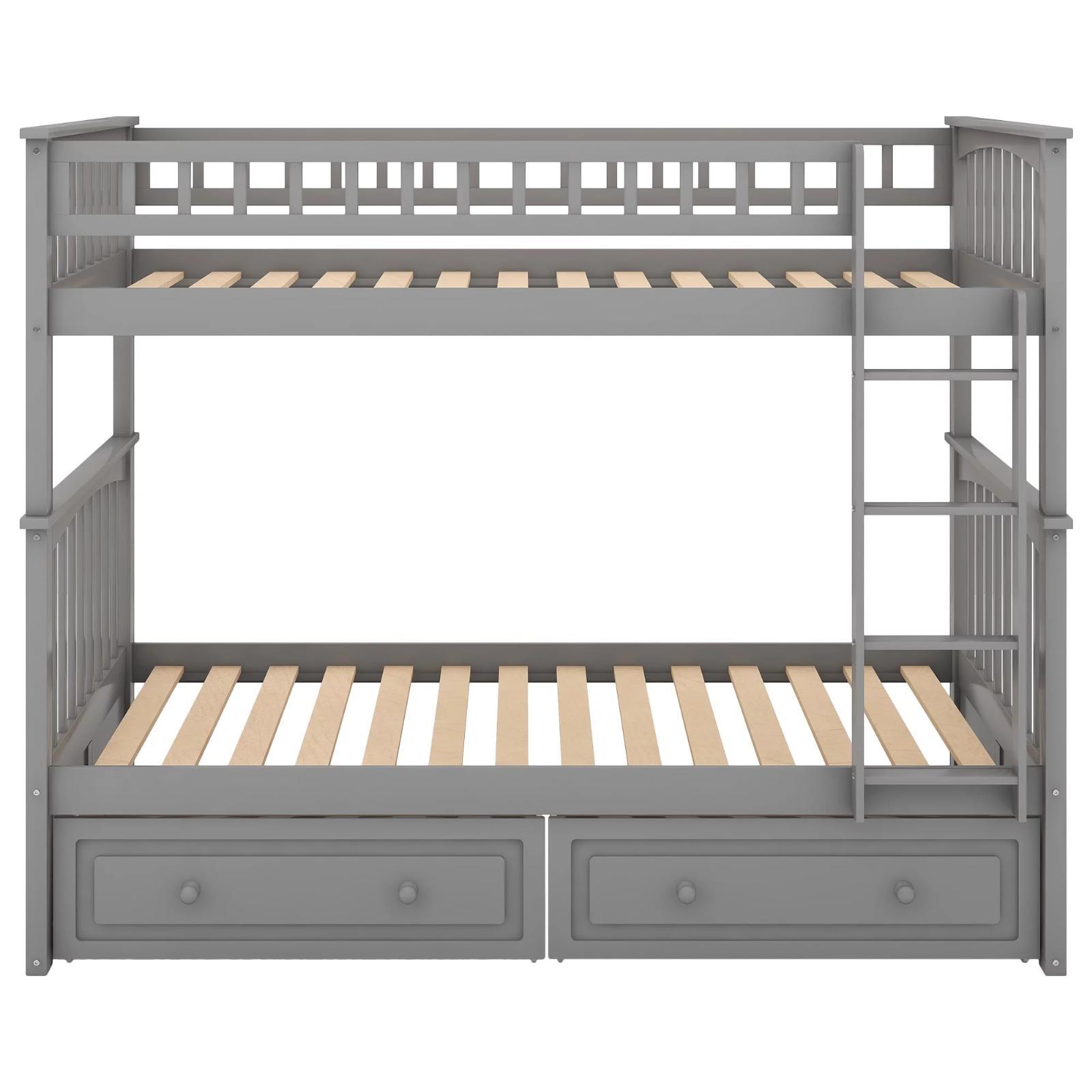 Classic Convertible Twin-Over-Twin Solid Wood Bunk Bed 2 Storage Drawers Ladder