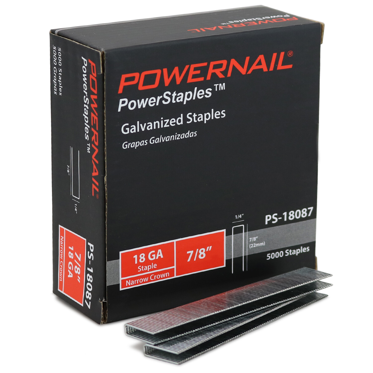 Powernail PS18087 18 Gauge 7/8” Length 1/4" Narrow Crown Staples (5000ct)