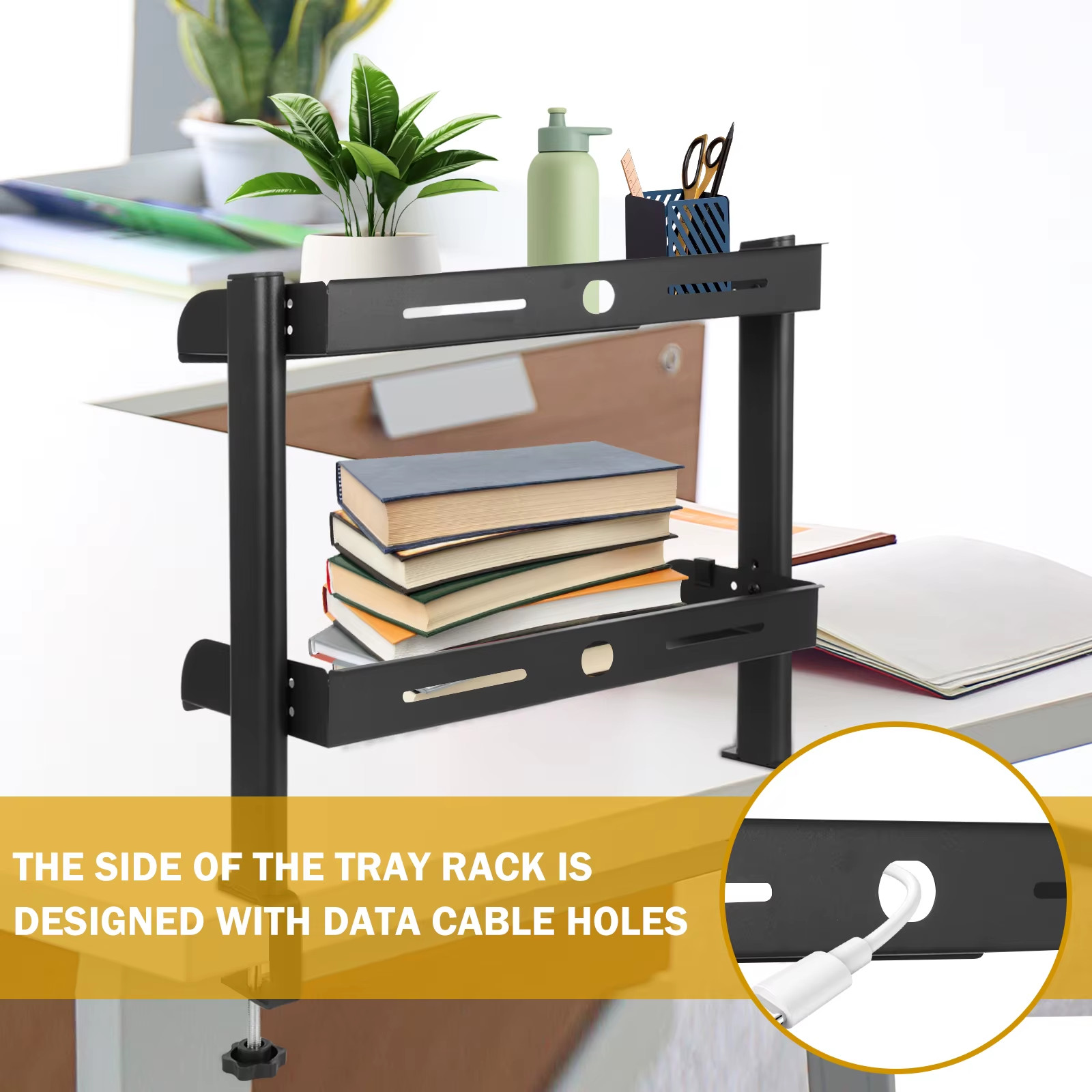 2 Tiers Clamp-On Desk Shelf No Drill Desk Organizer Rack Space Saving Adjustable