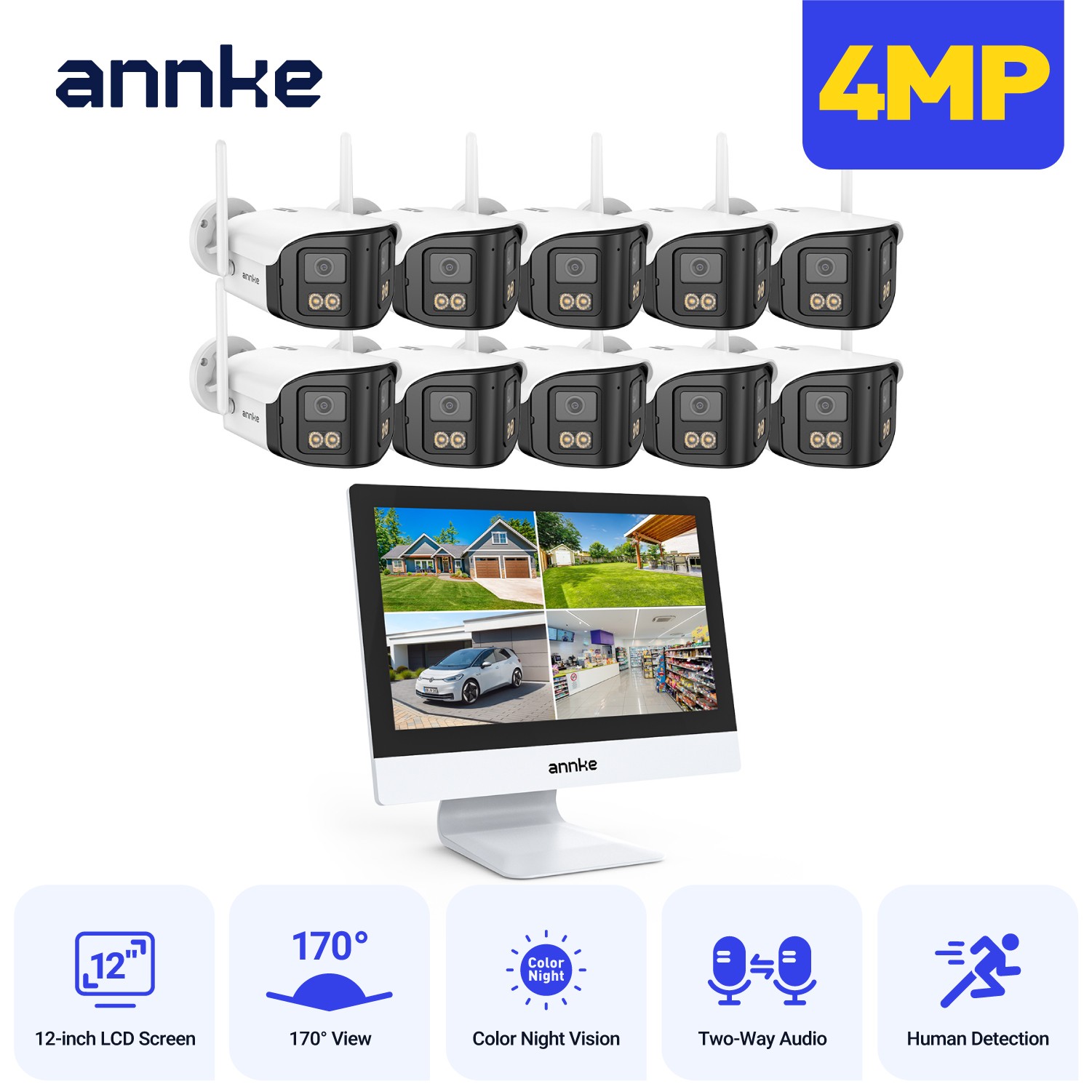 ANNKE 10CH 12'' Monitor Wireless 4MP Dual Lens Security Camera System 2 Way Talk