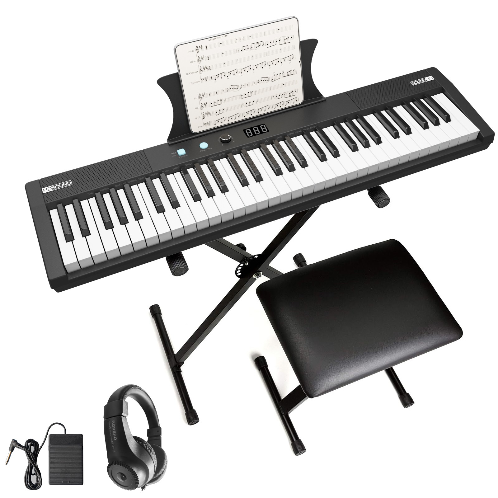 61-Key Semi-Weighted Portable Keyboard Piano w/Stand, Pedal, Headphones