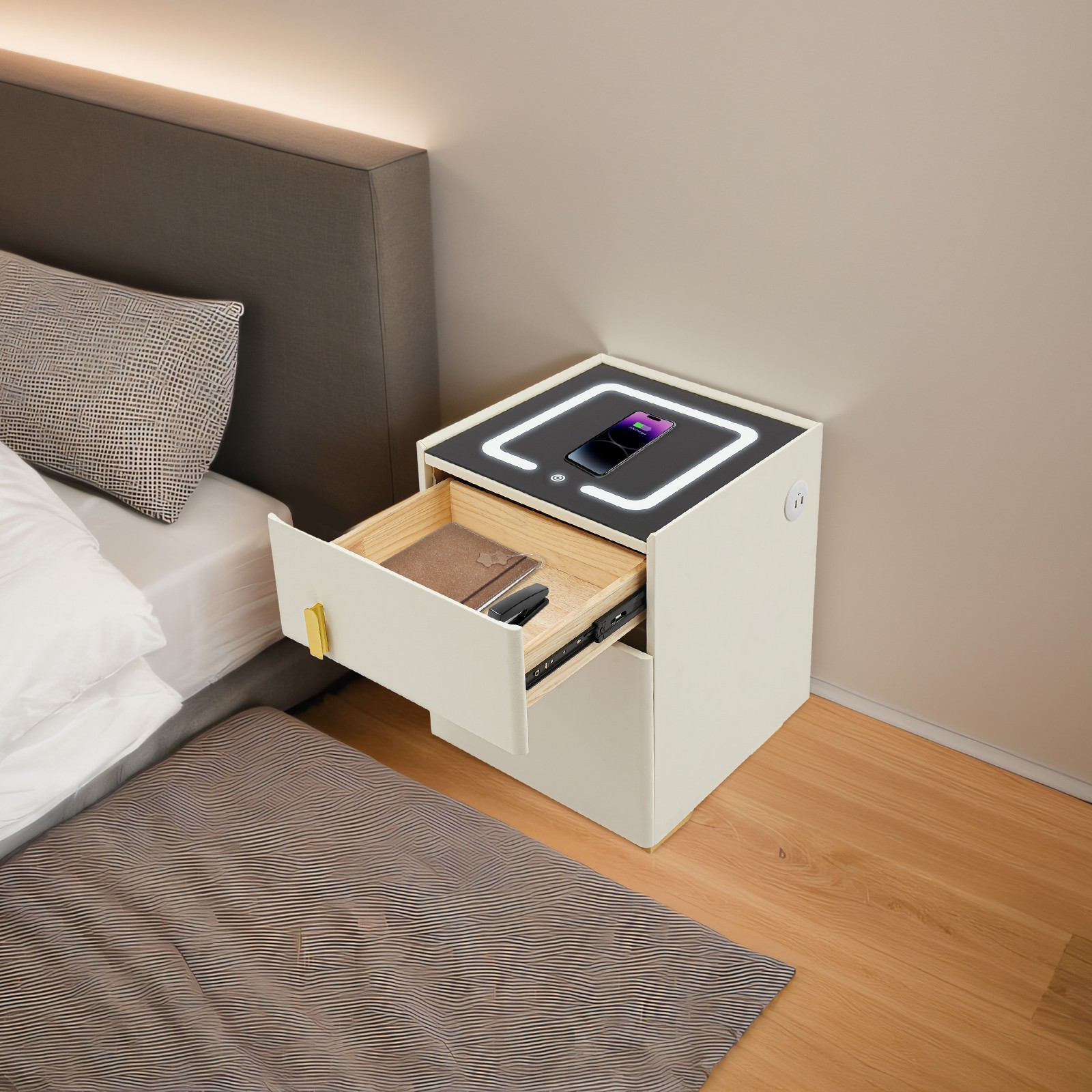Led Nightstand with Wireless Charging and Secure Safe Box Storage