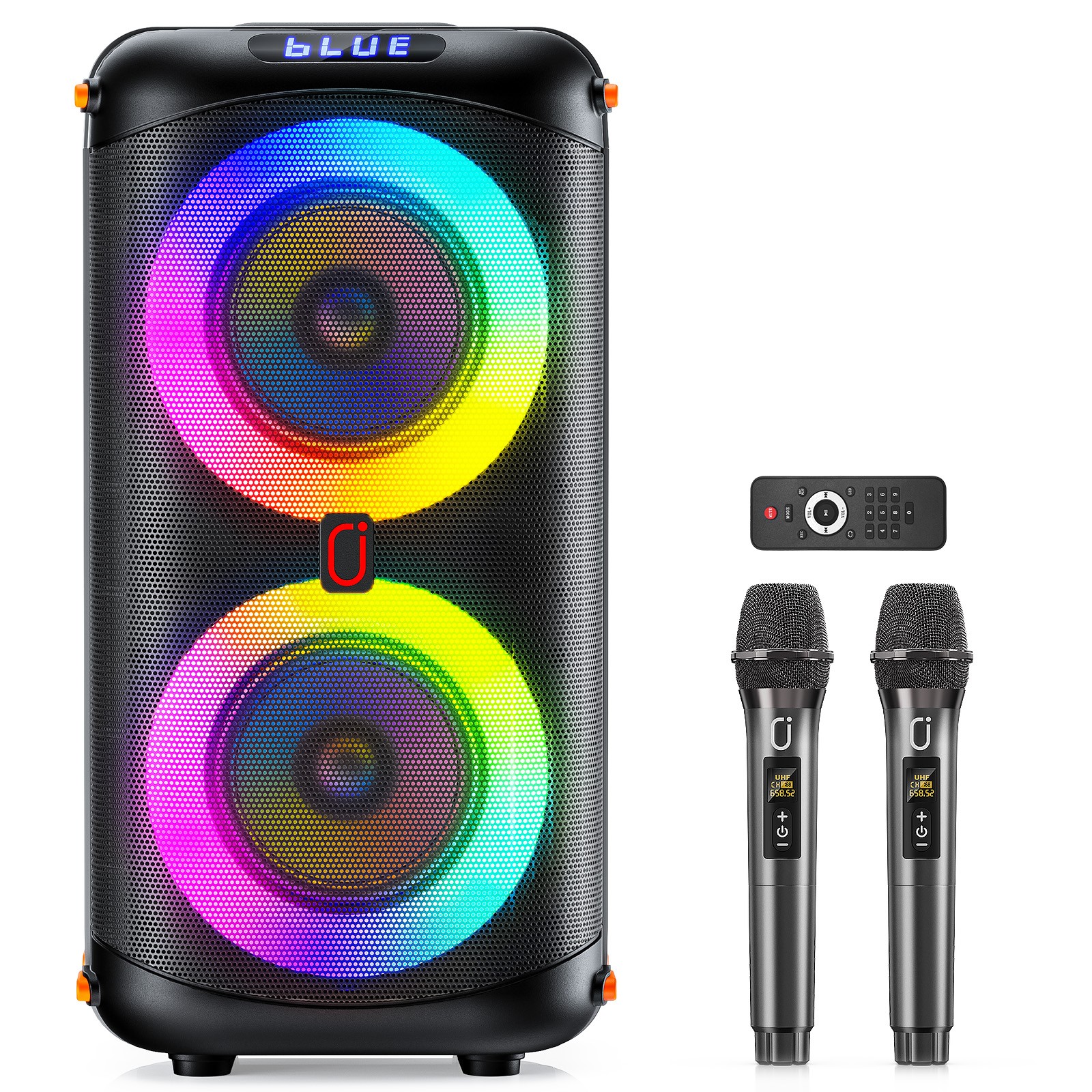 Dual Speaker Karaoke Machine with 2 Wireless Mics, Bluetooth & LED Party Lights