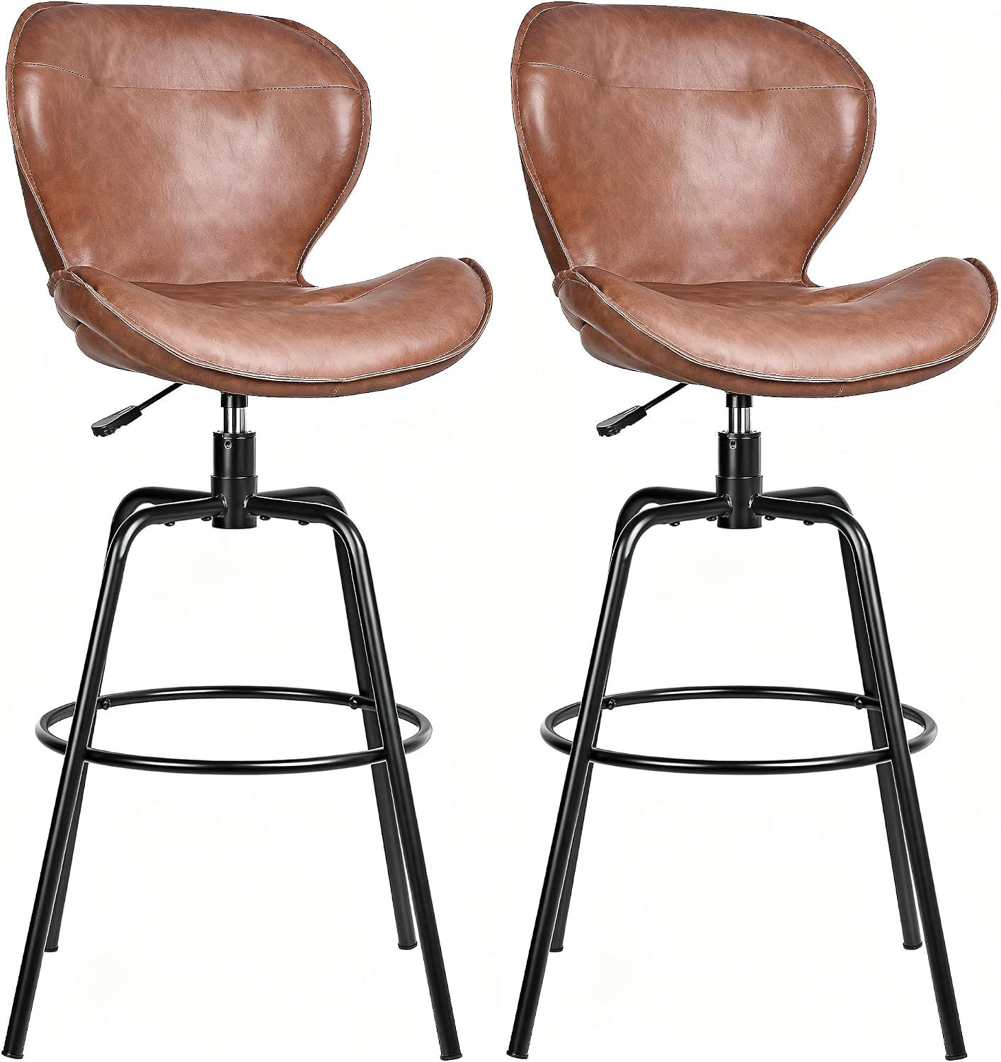 Stylish Swivel Bar Stools Set of 2, Brown Faux Leather, Easy to Clean
