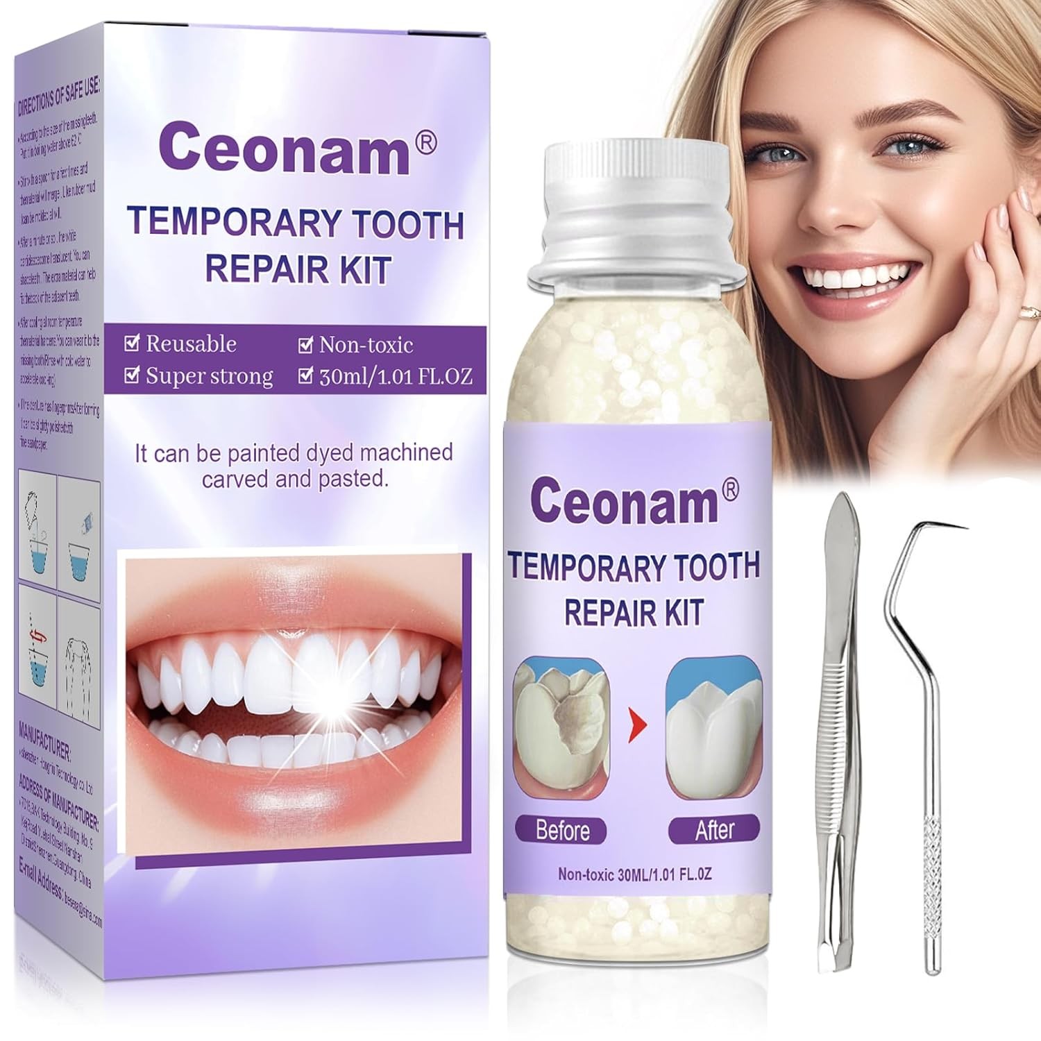 Moldable Tooth Repair Kit 1.0oz with Stainless Steel Tweezer & Dental Wax