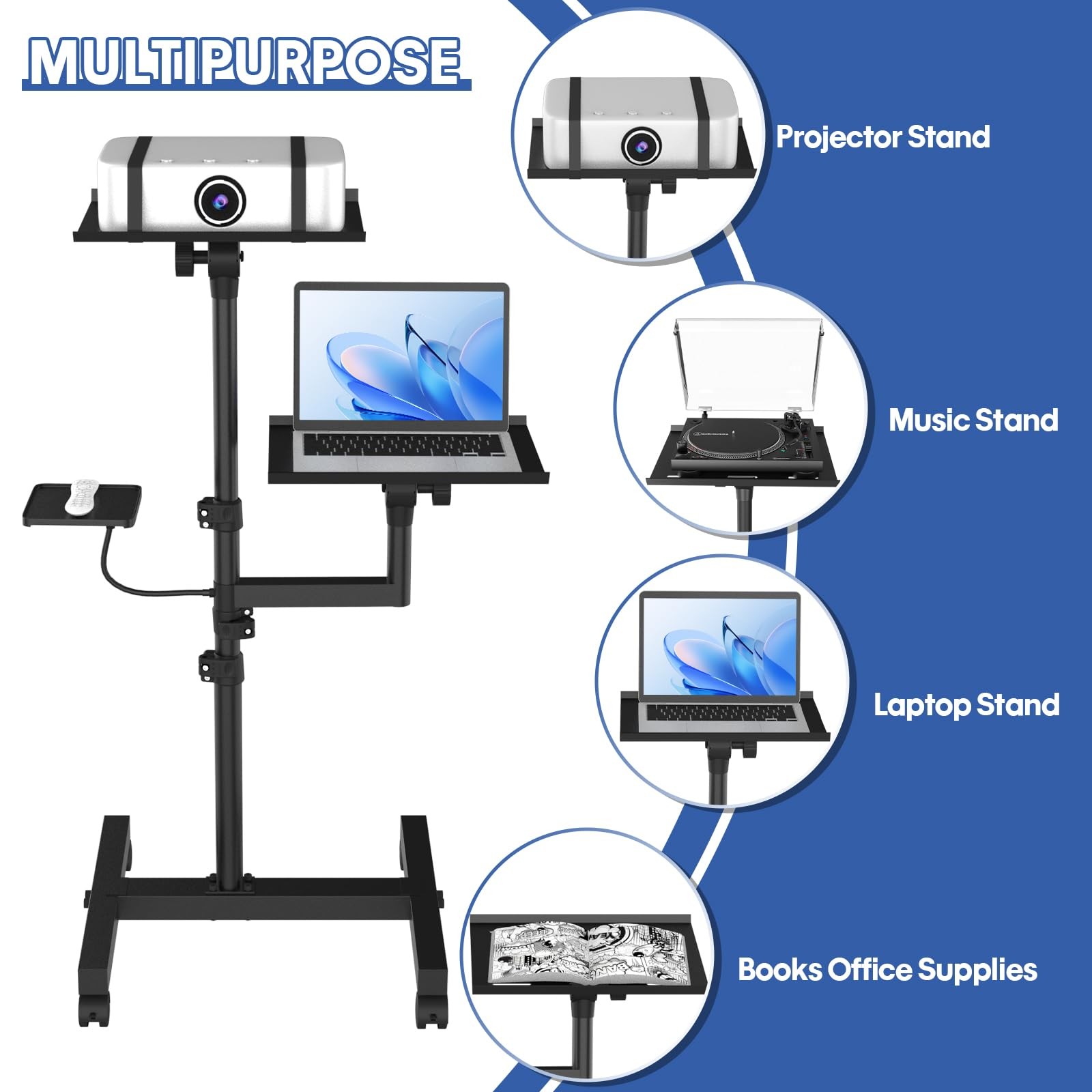 GSOW 2-Shelf Mobile Projector, Laptop Stand, Rolling, Adjustable Height