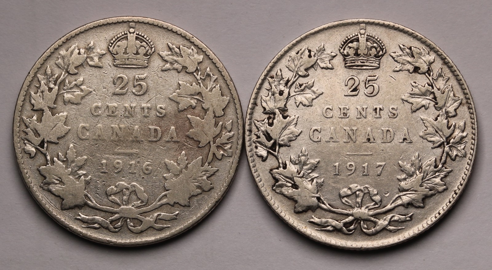 1916 & 1917 Canada 25 Cents Silver Coins (2) George V KM#24