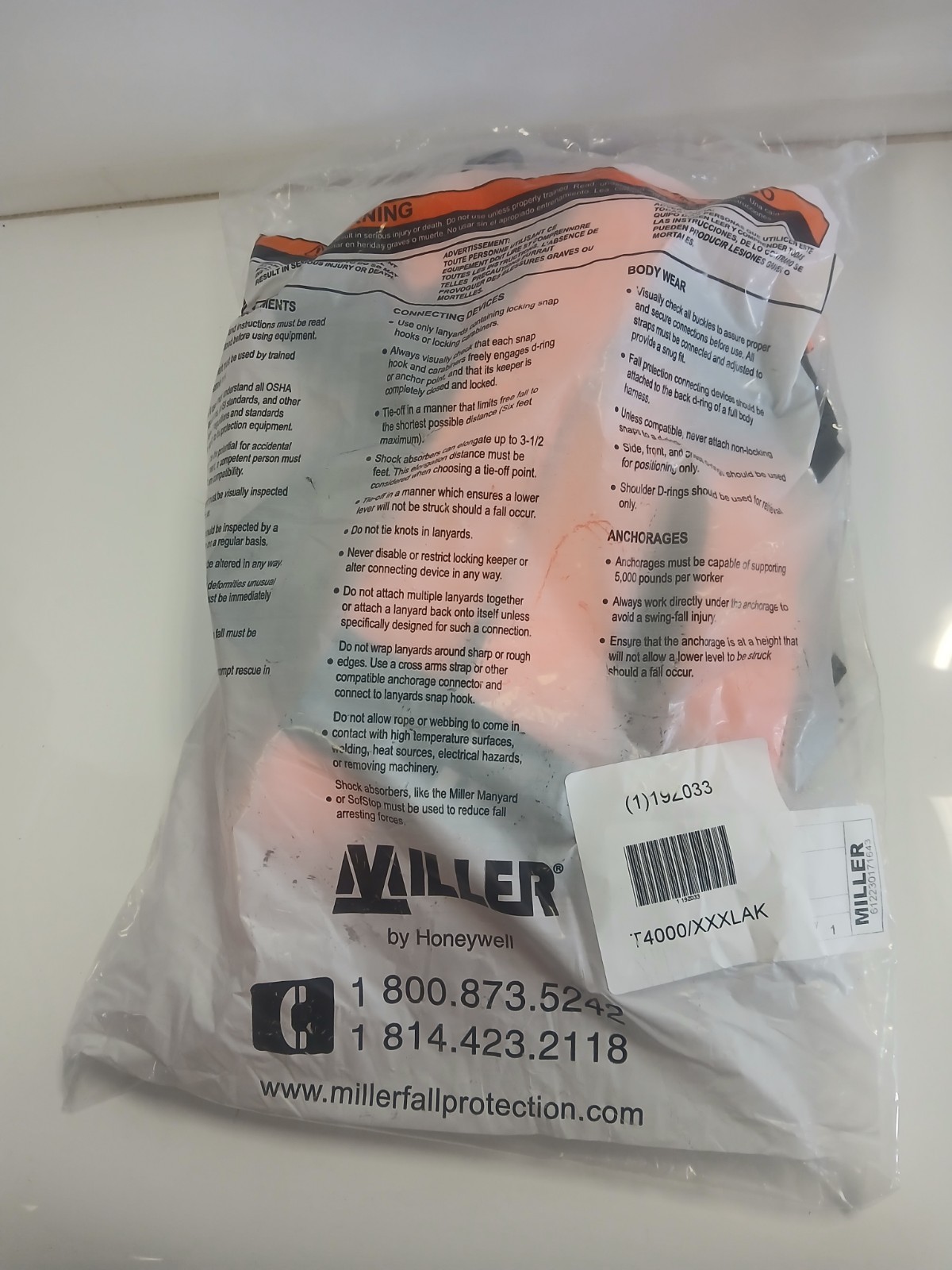 NEW HONEWELL MILLER FULL BODY HARNESS, T4000/XXXLAK, 400LB WEIGHT CAP.