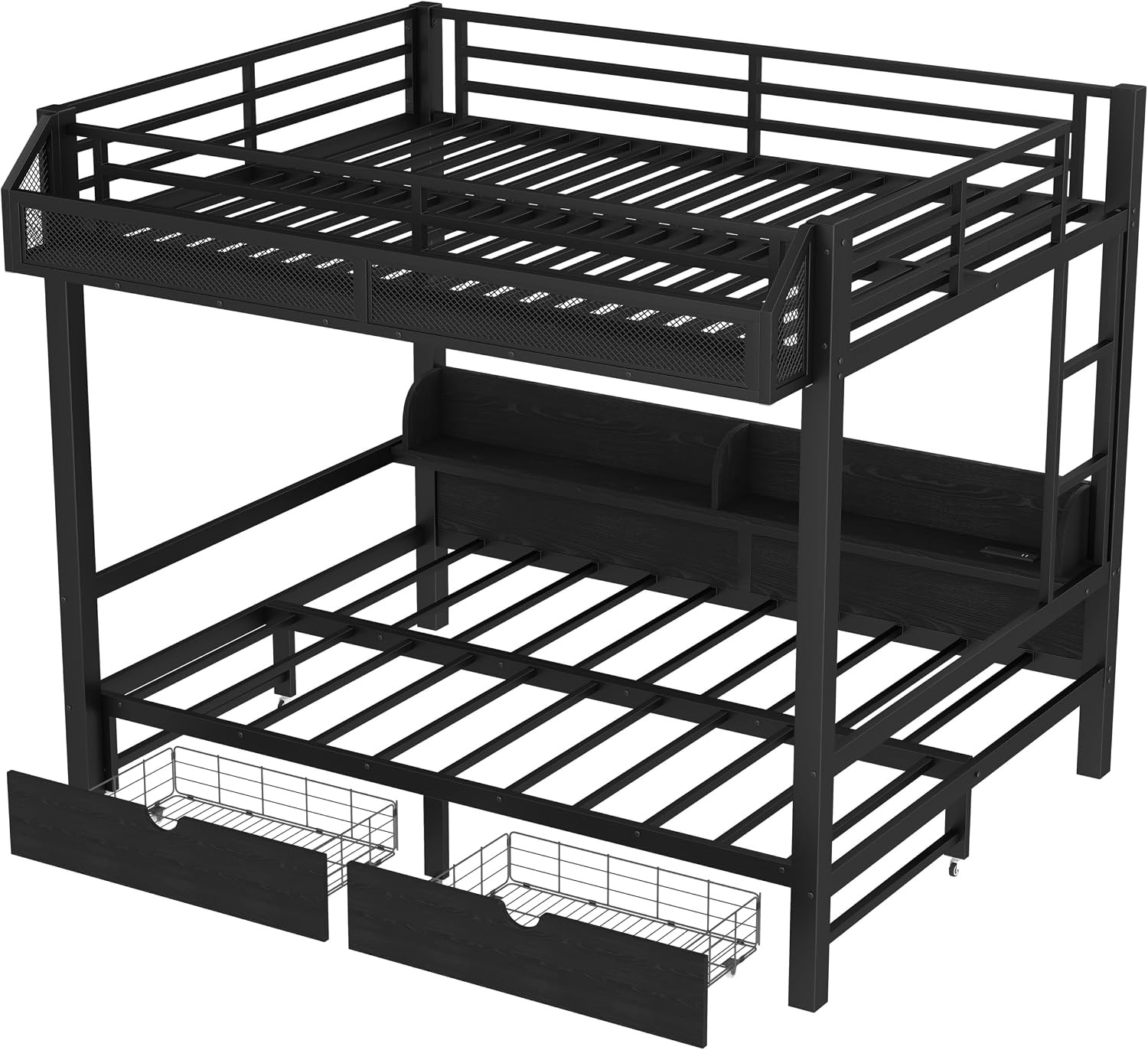 Queen over Queen Bunk Bed with Storage Shelves and Drawers, Metal Bedframe with